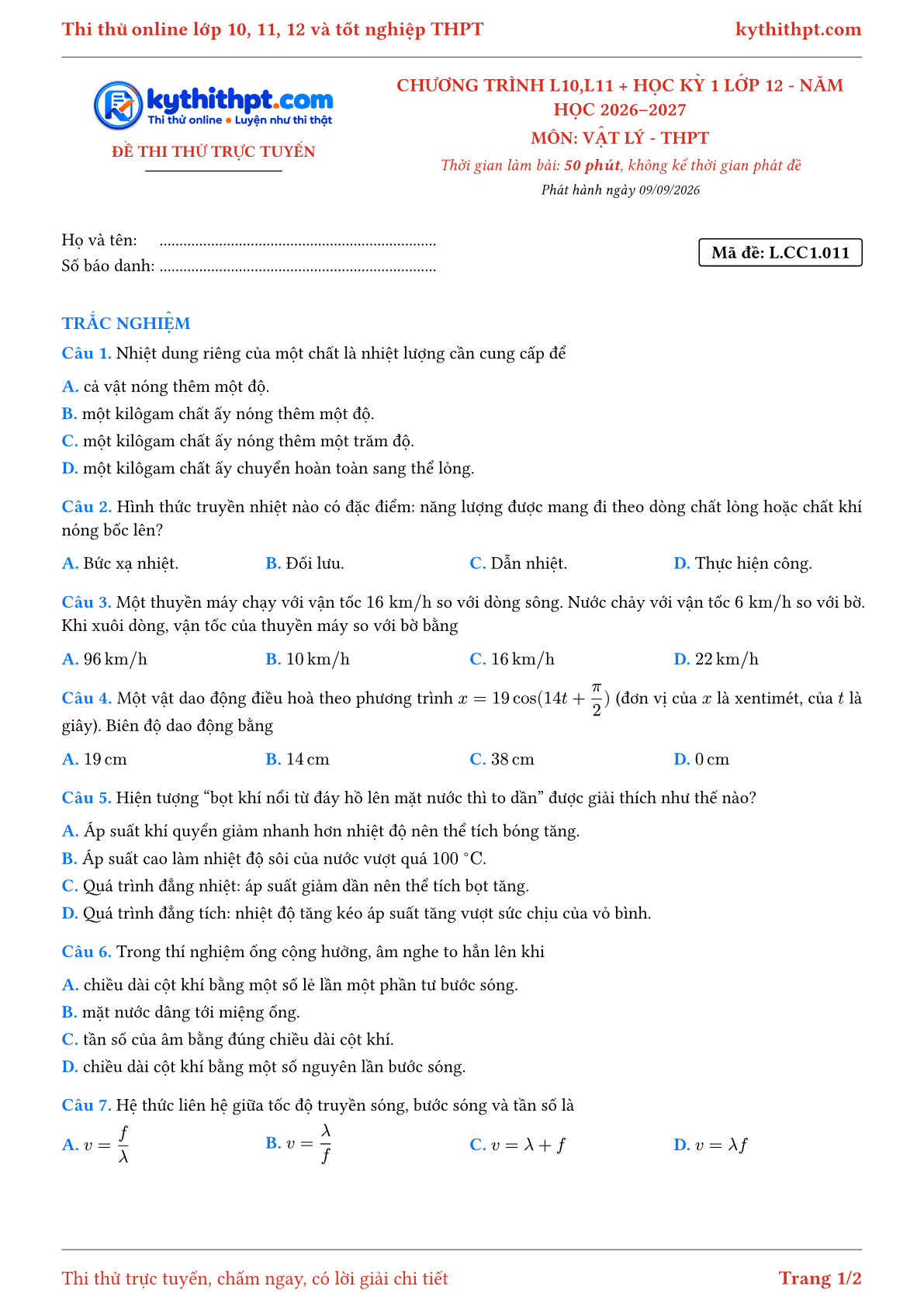 Trang đầu Đề thi thử online môn Vật lý theo chương trình lớp 10, 11 và học kỳ 1 lớp 12 - chuẩn cấu trúc tốt nghiệp - đề 011