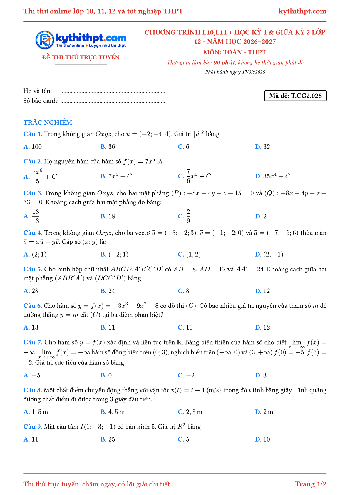 Trang đầu Đề thi thử online môn Toán theo chương trình lớp 10, 11 và học kỳ 1, giữa kỳ 2 lớp 12 - ôn luyện trắc nghiệm - đề 028