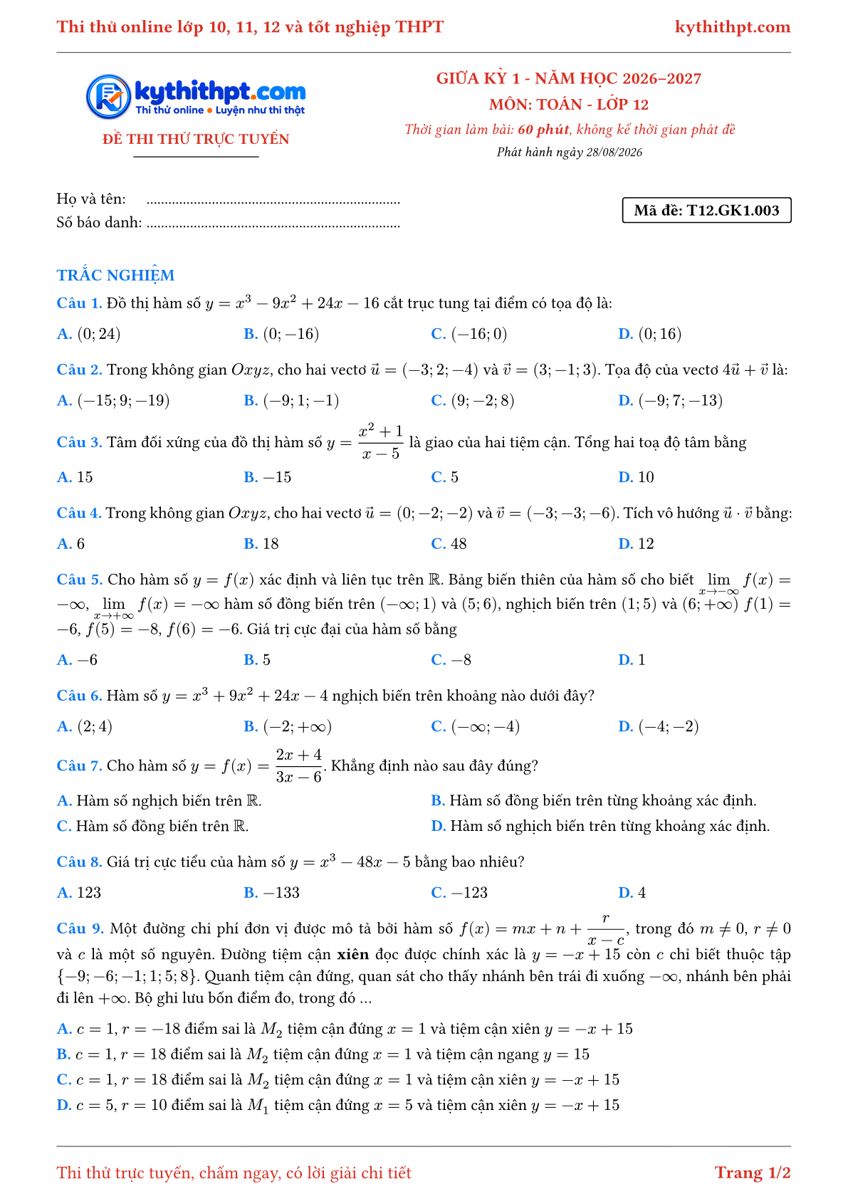 Trang đầu Đề thi thử online giữa kỳ 1 môn Toán lớp 12 - full trắc nghiệm - đề 003