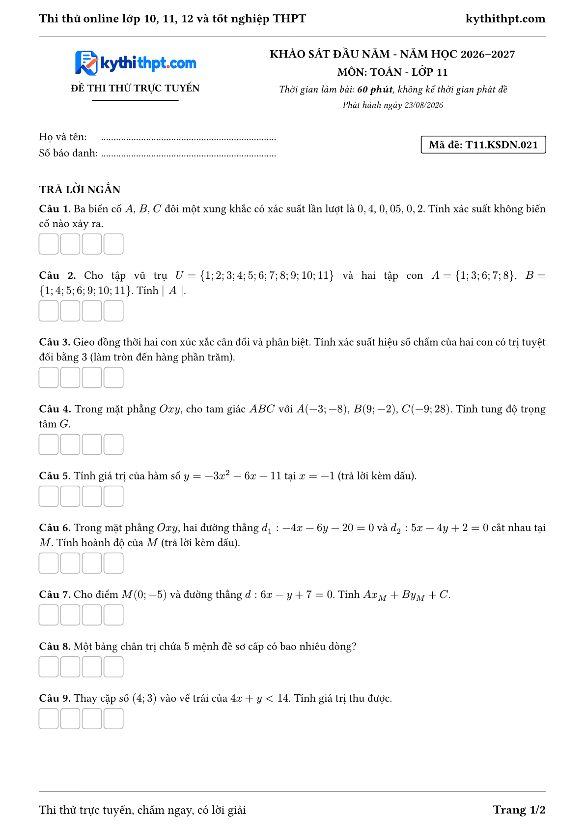 Trang đầu Đề thi thử online khảo sát đầu năm môn Toán lớp 11 - full trả lời ngắn - đề 021