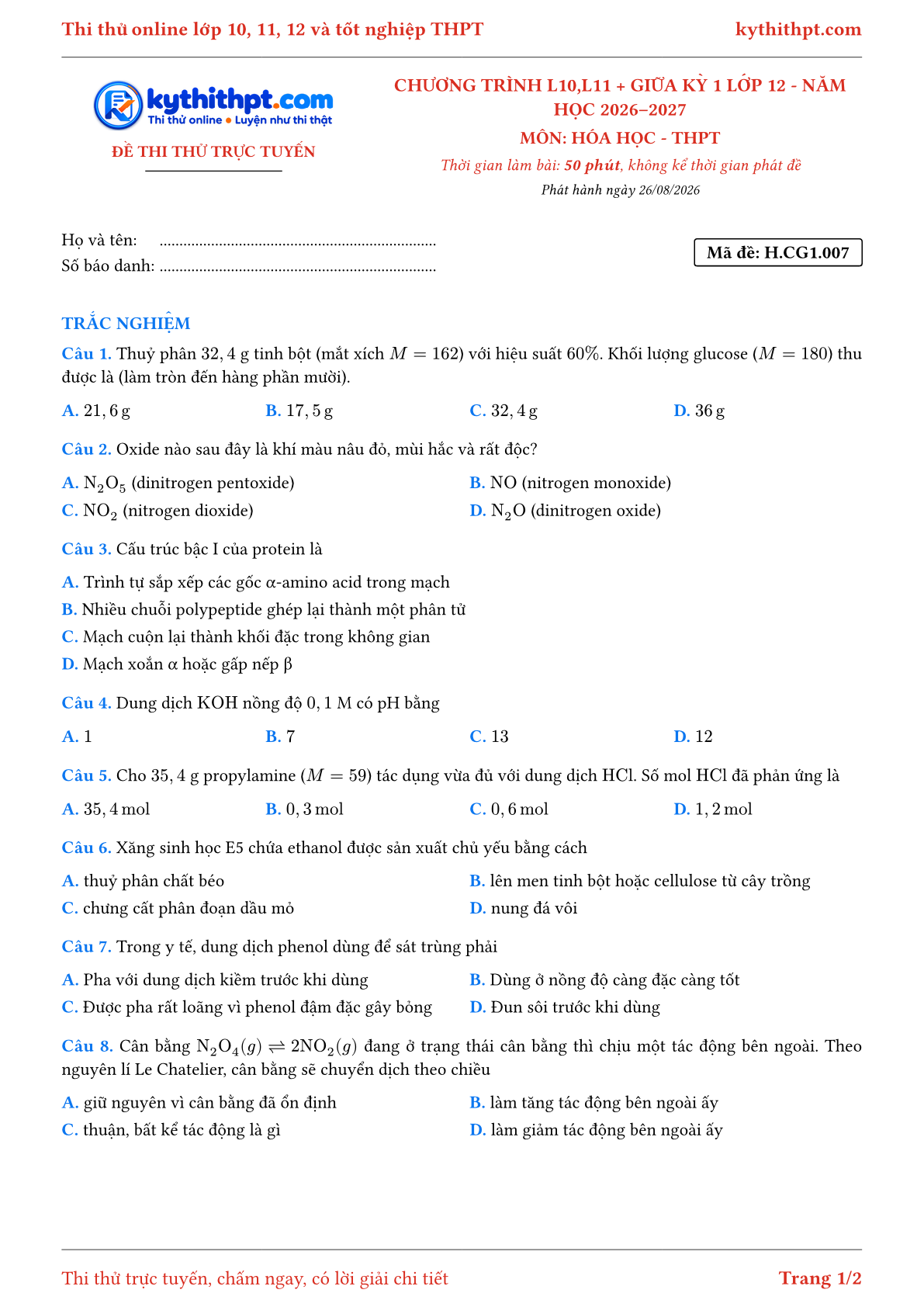 Trang đầu Đề thi thử online môn Hóa học theo chương trình lớp 10, 11 và giữa kỳ 1 lớp 12 - chuẩn cấu trúc tốt nghiệp - đề 007