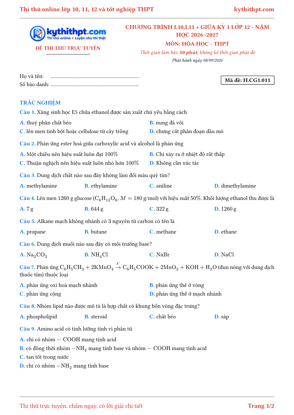 Trang đầu Đề thi thử online môn Hóa học theo chương trình lớp 10, 11 và giữa kỳ 1 lớp 12 - chuẩn cấu trúc tốt nghiệp - đề 011