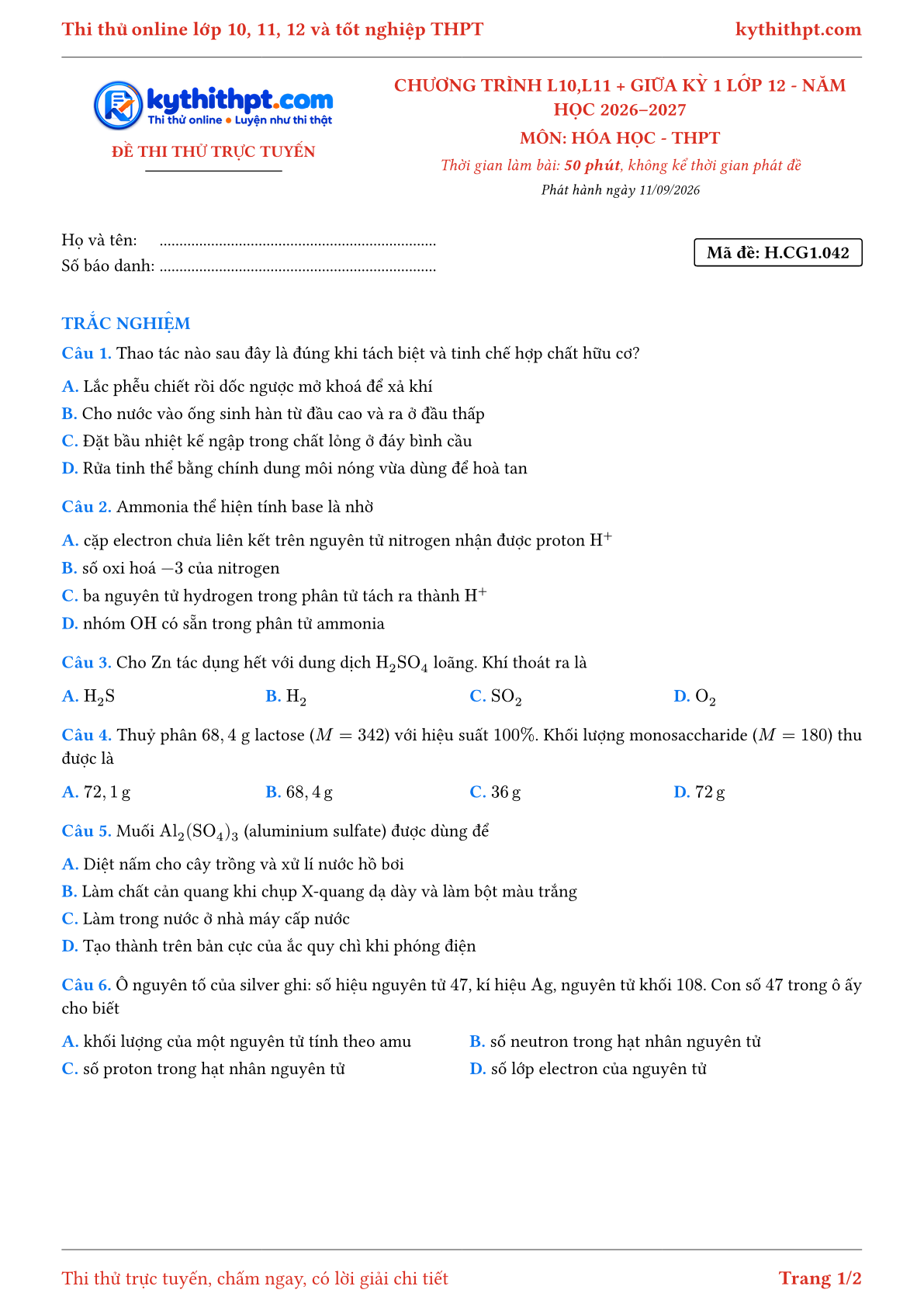 Trang đầu Đề thi thử online môn Hóa học theo chương trình lớp 10, 11 và giữa kỳ 1 lớp 12 - ôn luyện trắc nghiệm - đề 042