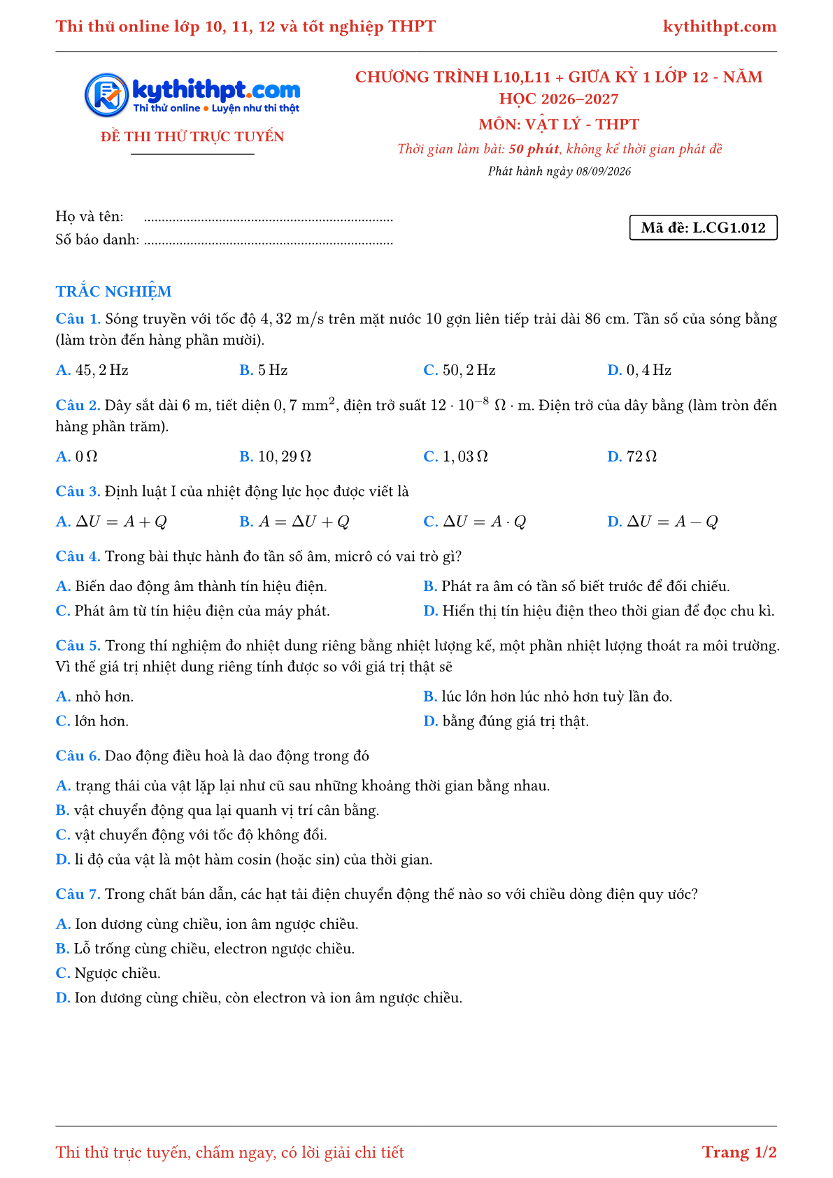 Trang đầu Đề thi thử online môn Vật lý theo chương trình lớp 10, 11 và giữa kỳ 1 lớp 12 - chuẩn cấu trúc tốt nghiệp - đề 012