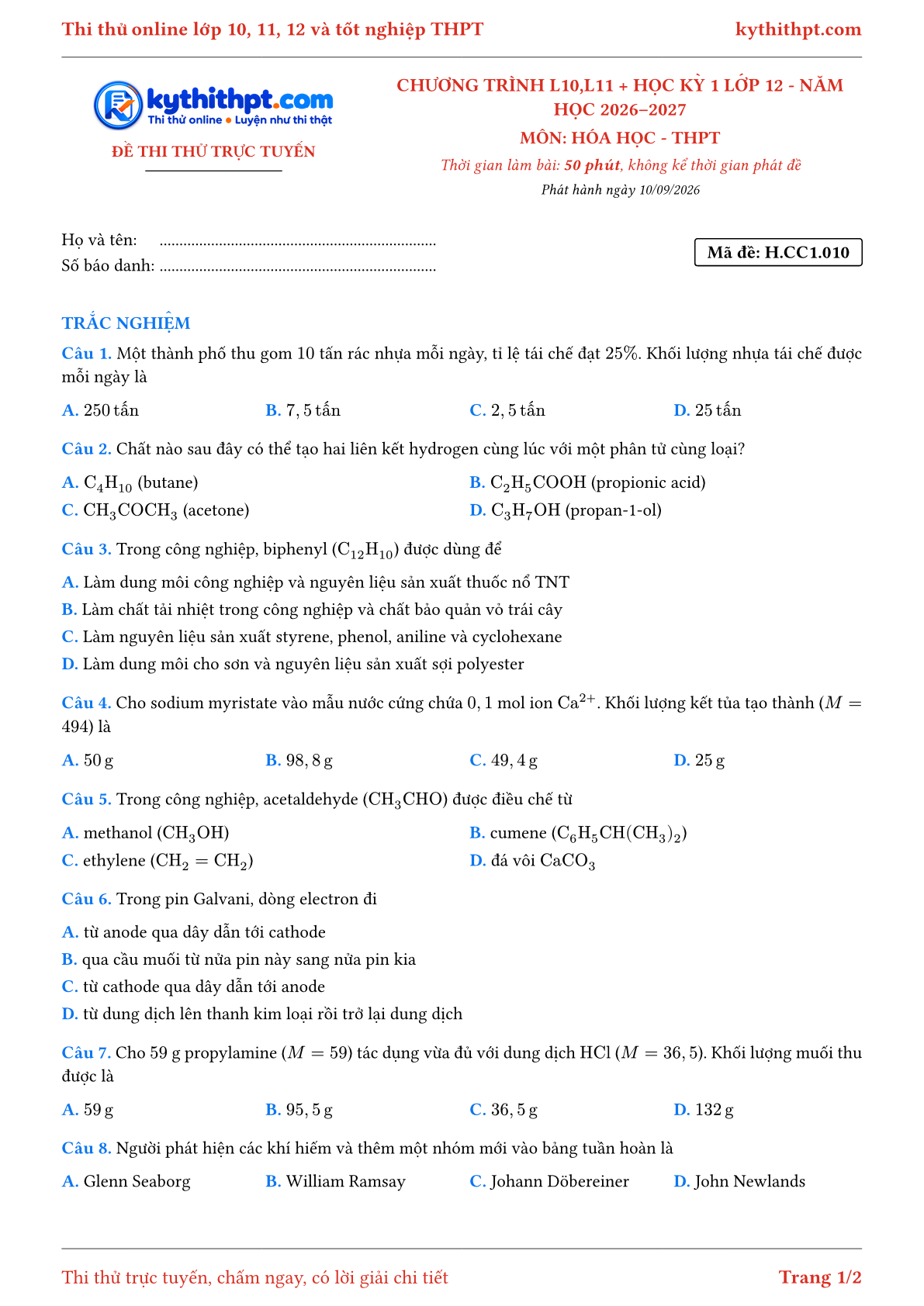 Trang đầu Đề thi thử online môn Hóa học theo chương trình lớp 10, 11 và học kỳ 1 lớp 12 - chuẩn cấu trúc tốt nghiệp - đề 010