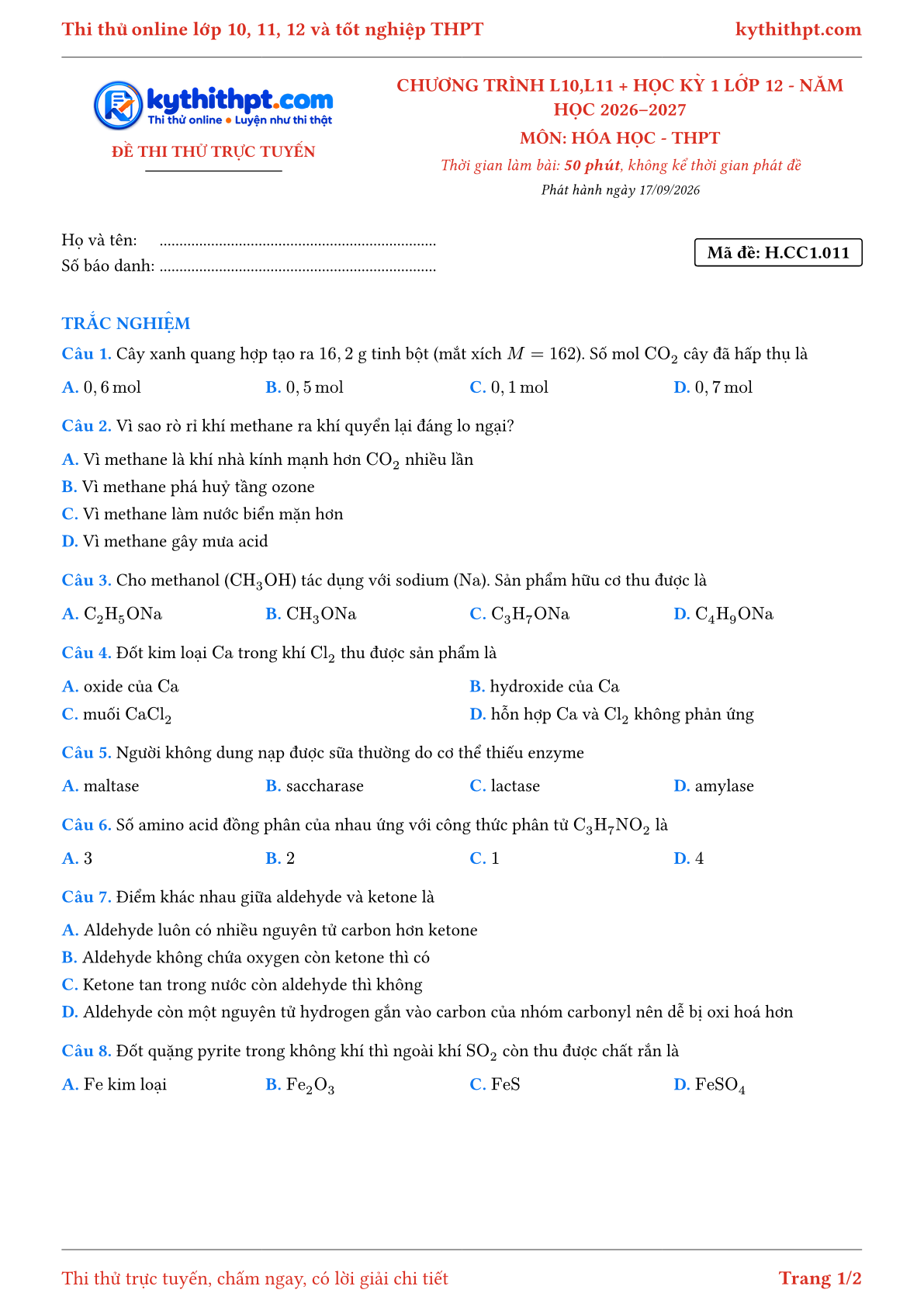 Trang đầu Đề thi thử online môn Hóa học theo chương trình lớp 10, 11 và học kỳ 1 lớp 12 - chuẩn cấu trúc tốt nghiệp - đề 011