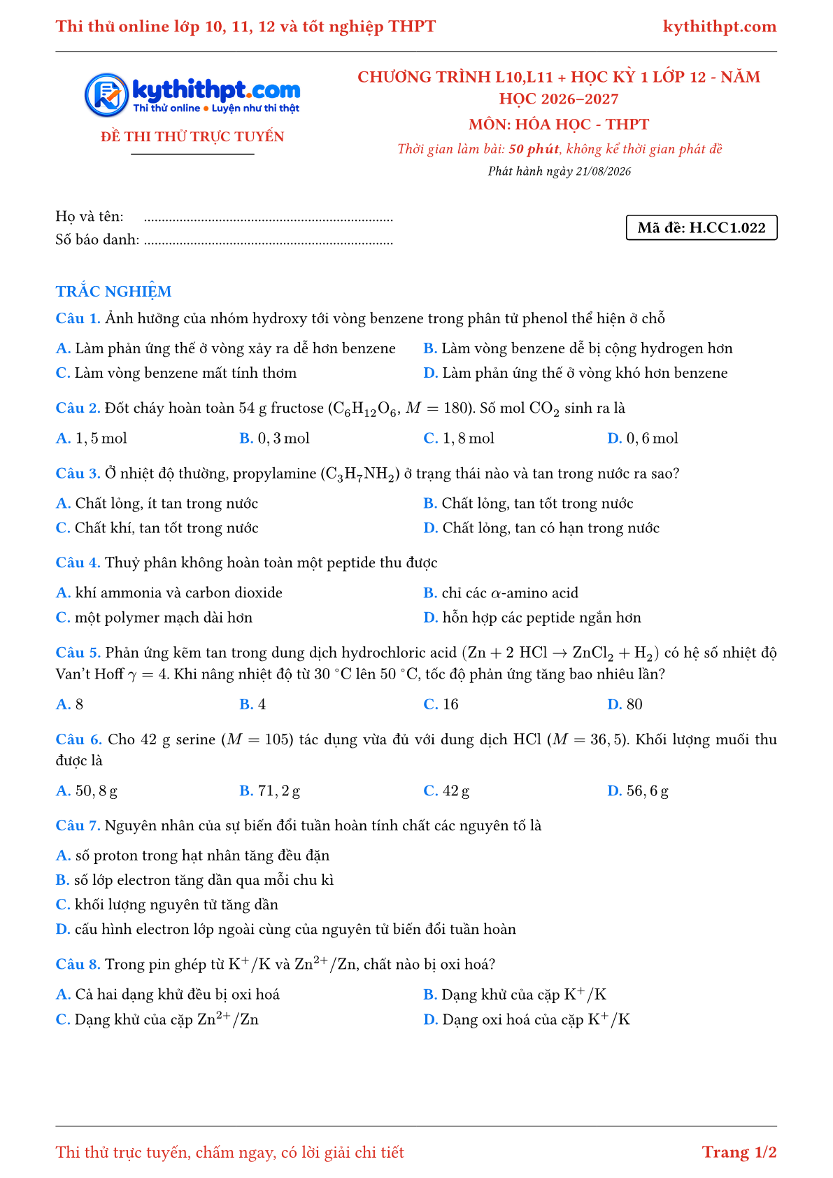 Trang đầu Đề thi thử online môn Hóa học theo chương trình lớp 10, 11 và học kỳ 1 lớp 12 - ôn luyện trắc nghiệm - đề 022