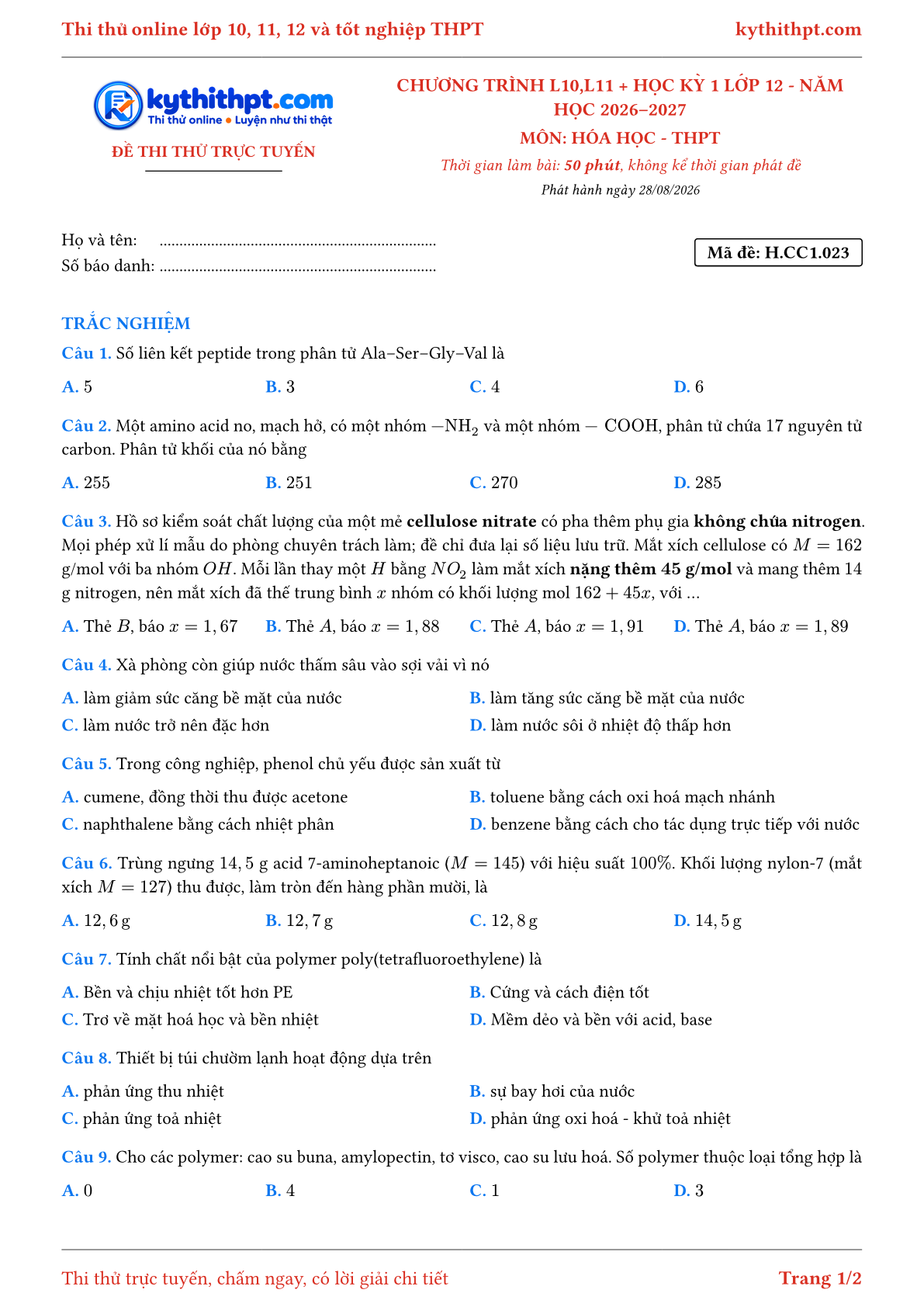 Trang đầu Đề thi thử online môn Hóa học theo chương trình lớp 10, 11 và học kỳ 1 lớp 12 - ôn luyện trắc nghiệm - đề 023
