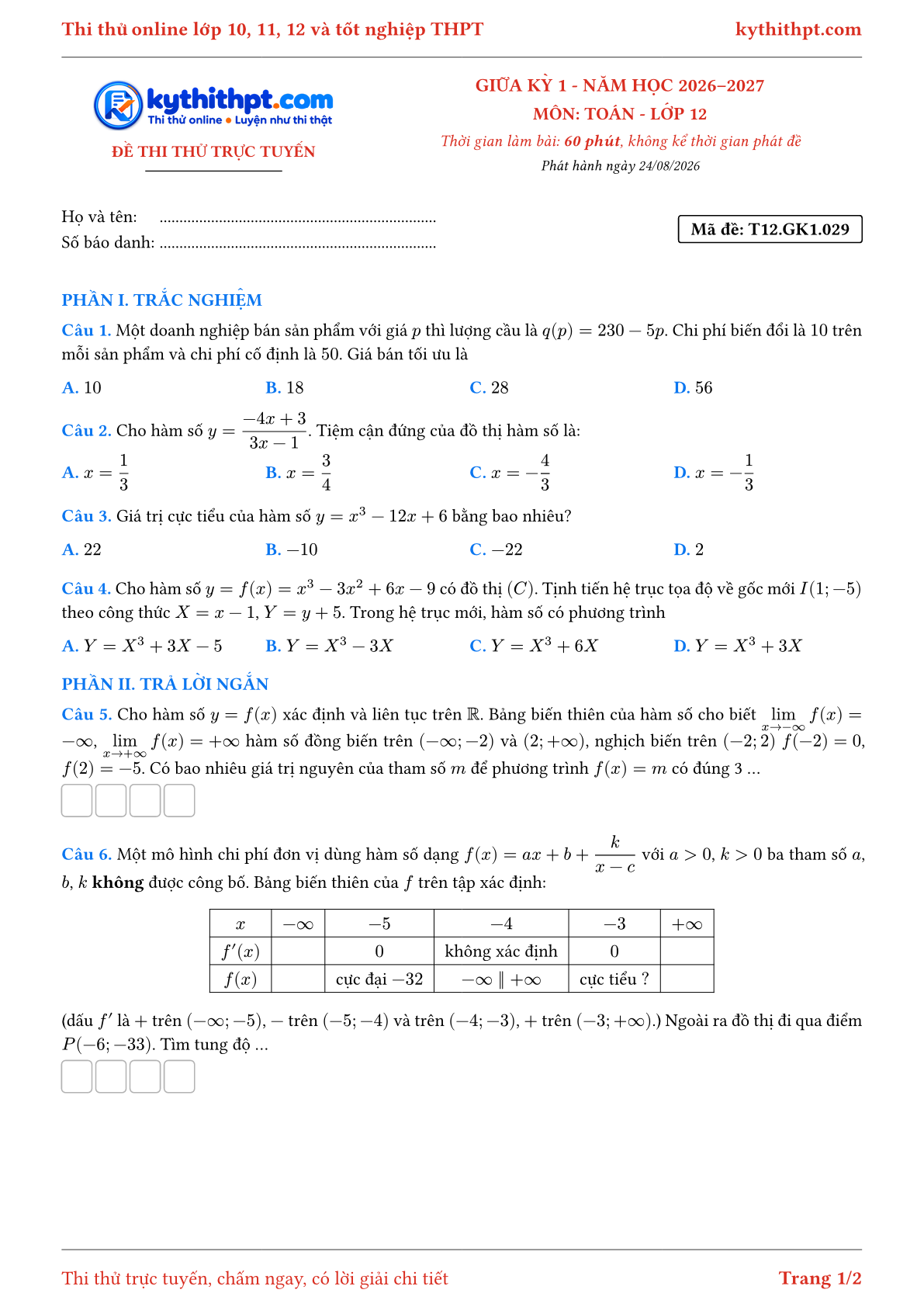 Trang đầu Đề thi thử online giữa kỳ 1 môn Toán lớp 12 - trắc nghiệm + trả lời ngắn + tự luận - đề 029