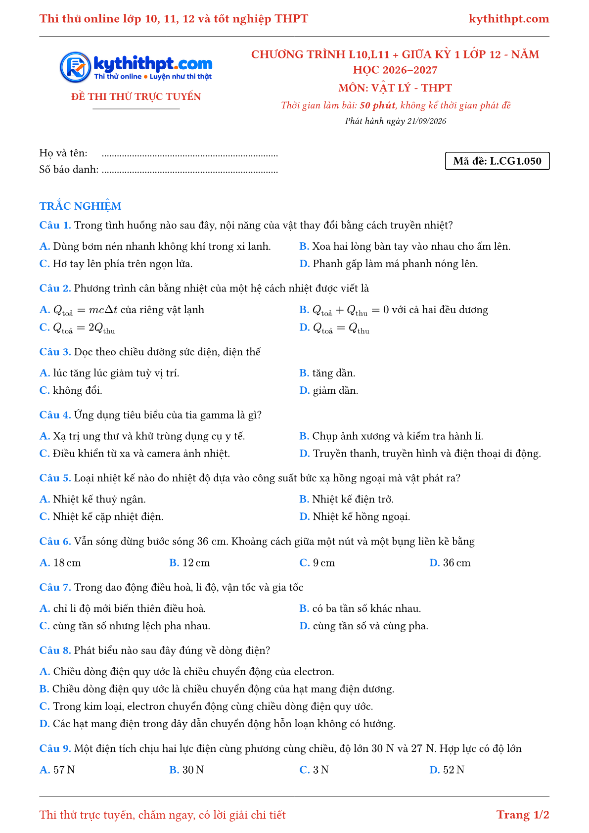 Trang đầu Đề thi thử online môn Vật lý theo chương trình lớp 10, 11 và giữa kỳ 1 lớp 12 - ôn luyện trắc nghiệm - đề 050