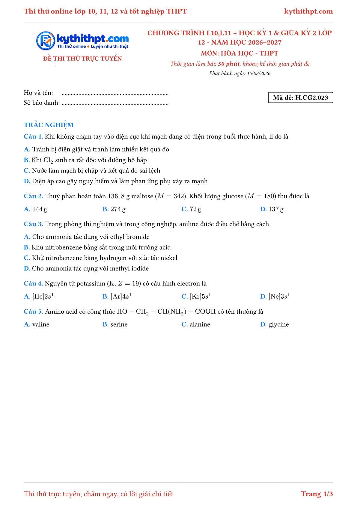 Trang đầu Đề thi thử online môn Hóa học theo chương trình lớp 10, 11 và học kỳ 1, giữa kỳ 2 lớp 12 - ôn luyện trắc nghiệm - đề 023