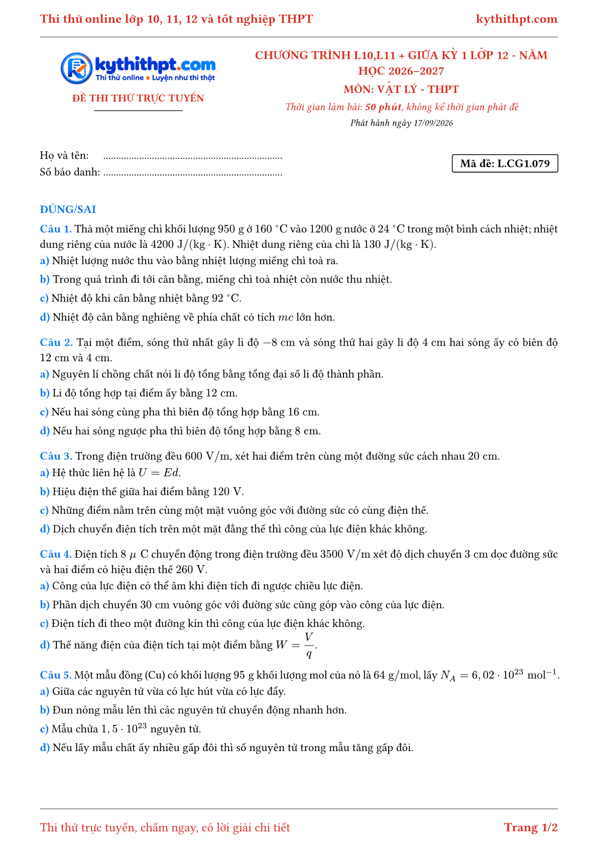 Trang đầu Đề thi thử online môn Vật lý theo chương trình lớp 10, 11 và giữa kỳ 1 lớp 12 - ôn luyện đúng/sai - đề 079