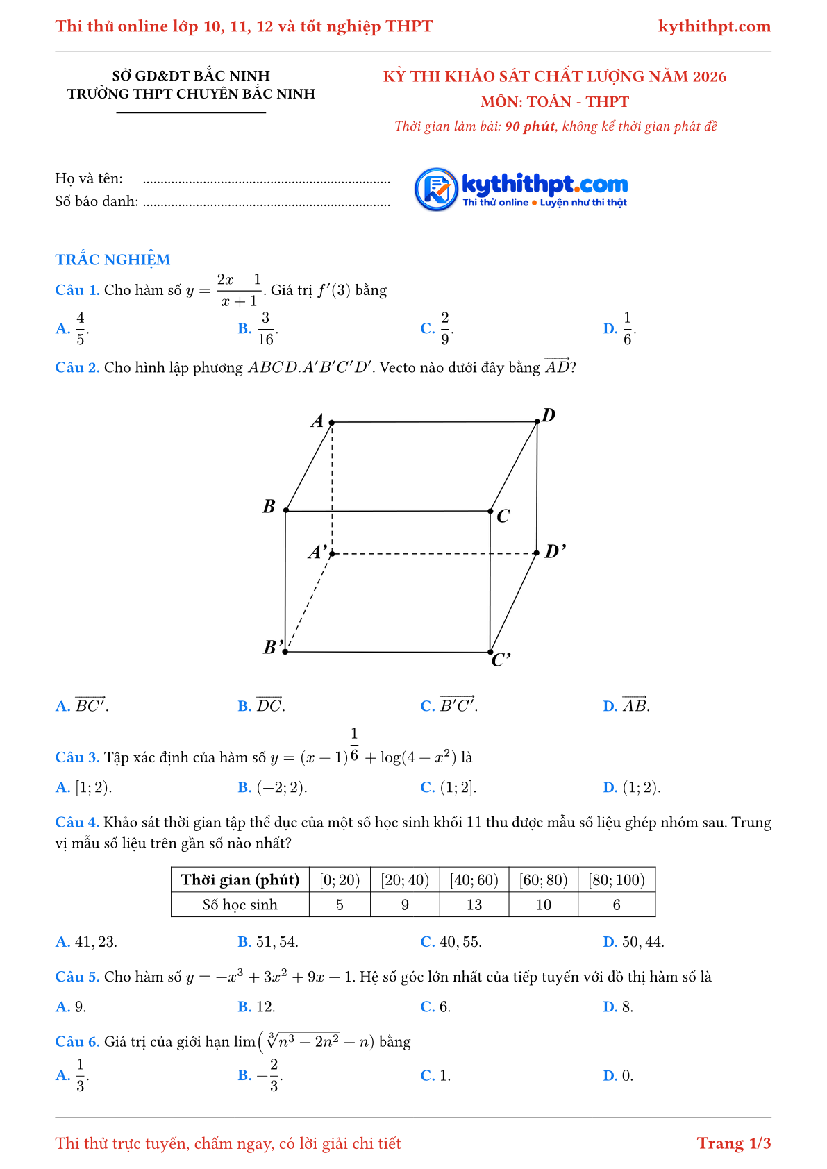 Trang đầu Đề khảo sát chất lượng THPT môn Toán trường THPT Chuyên Bắc Ninh Sở GD&ĐT Bắc Ninh năm 2026 - Lần 1