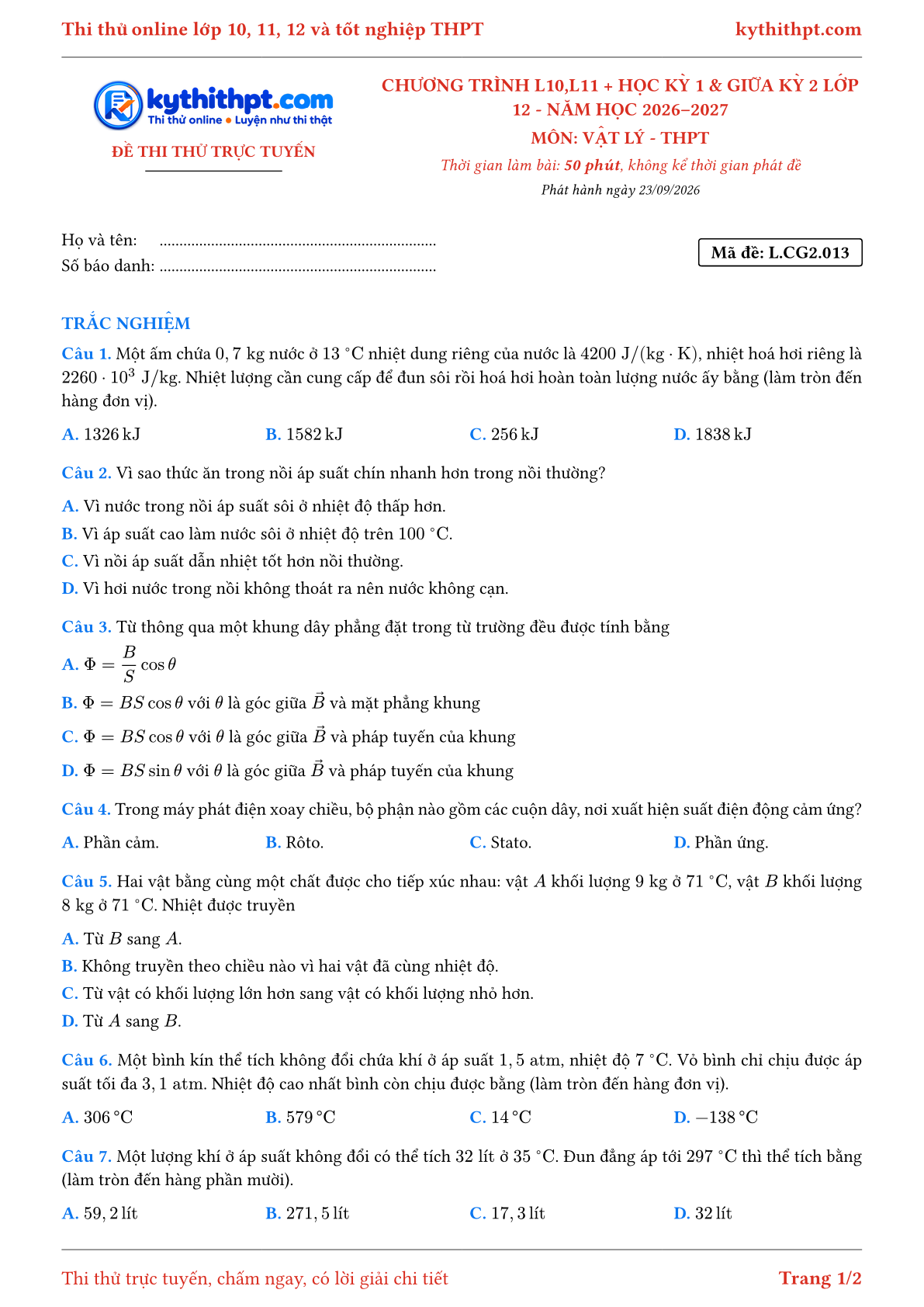 Trang đầu Đề thi thử online môn Vật lý theo chương trình lớp 10, 11 và học kỳ 1, giữa kỳ 2 lớp 12 - chuẩn cấu trúc tốt nghiệp - đề 013
