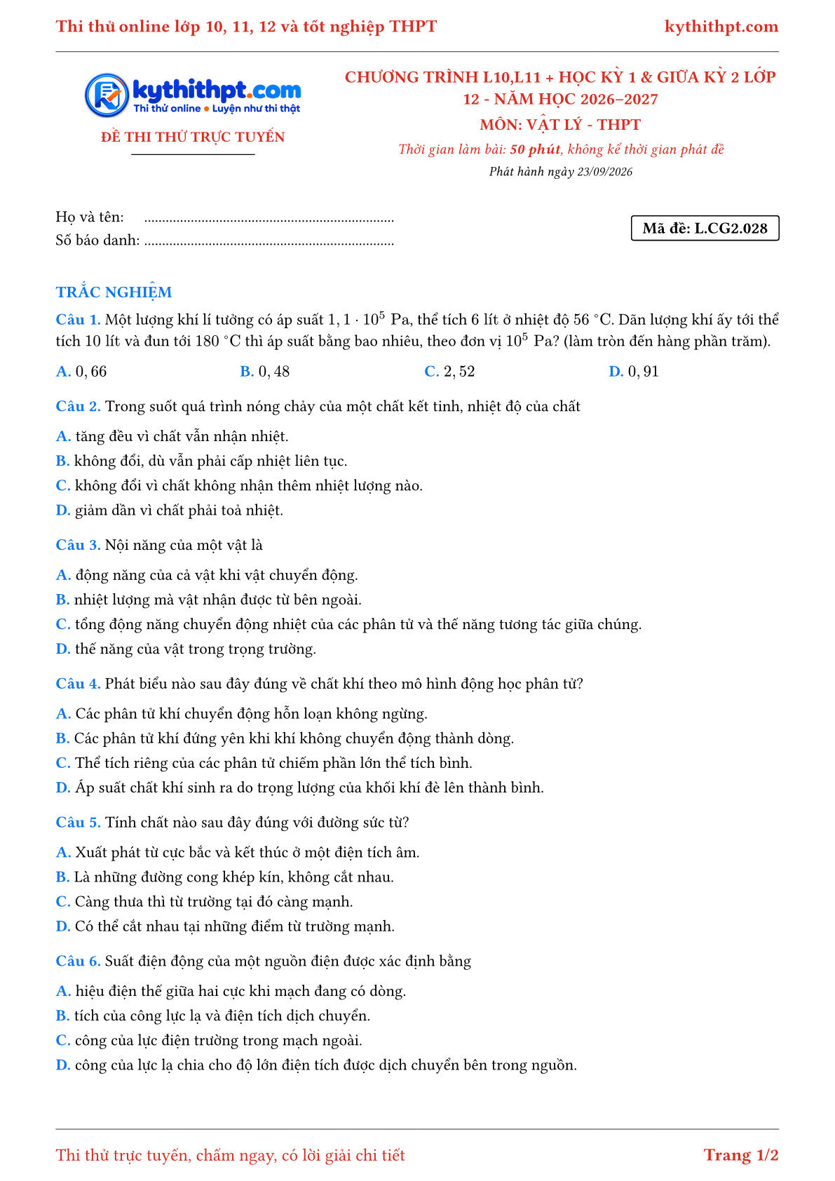 Trang đầu Đề thi thử online môn Vật lý theo chương trình lớp 10, 11 và học kỳ 1, giữa kỳ 2 lớp 12 - ôn luyện trắc nghiệm - đề 028