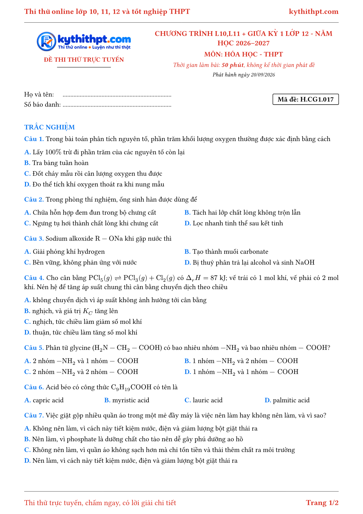 Trang đầu Đề thi thử online môn Hóa học theo chương trình lớp 10, 11 và giữa kỳ 1 lớp 12 - chuẩn cấu trúc tốt nghiệp - đề 017