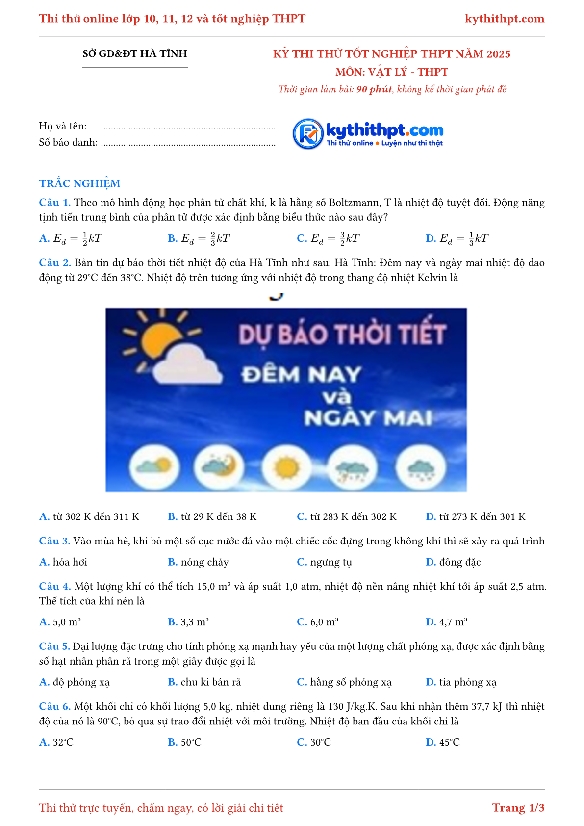 Trang đầu Đề thi thử tốt nghiệp THPT môn Vật Lý  Sở GD&ĐT Hà Tĩnh lần 5 năm 2025