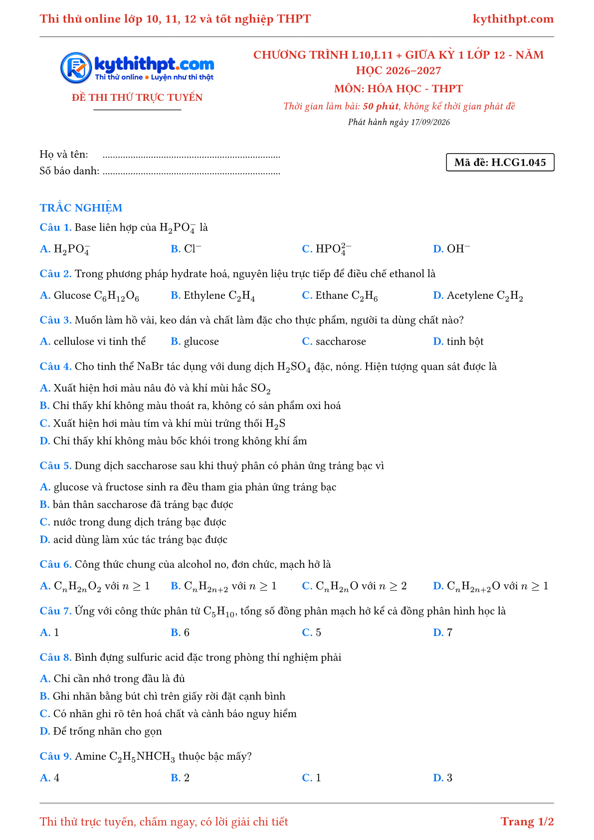 Trang đầu Đề thi thử online môn Hóa học theo chương trình lớp 10, 11 và giữa kỳ 1 lớp 12 - ôn luyện trắc nghiệm - đề 045