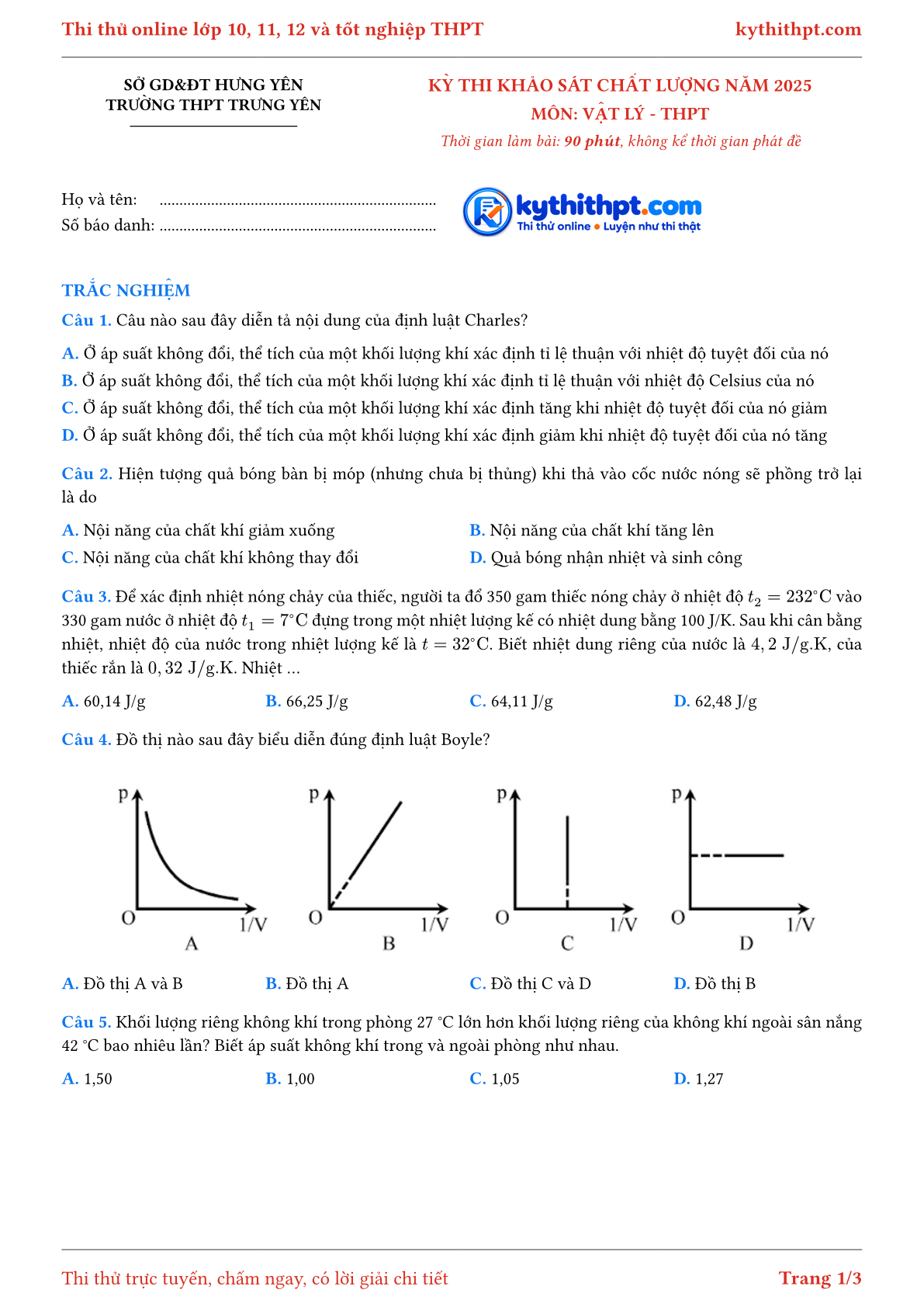 Trang đầu Đề khảo sát chất lượng TN THPT môn Vật Lý trường THPT Trưng Yên tỉnh Hưng Yên 2025
