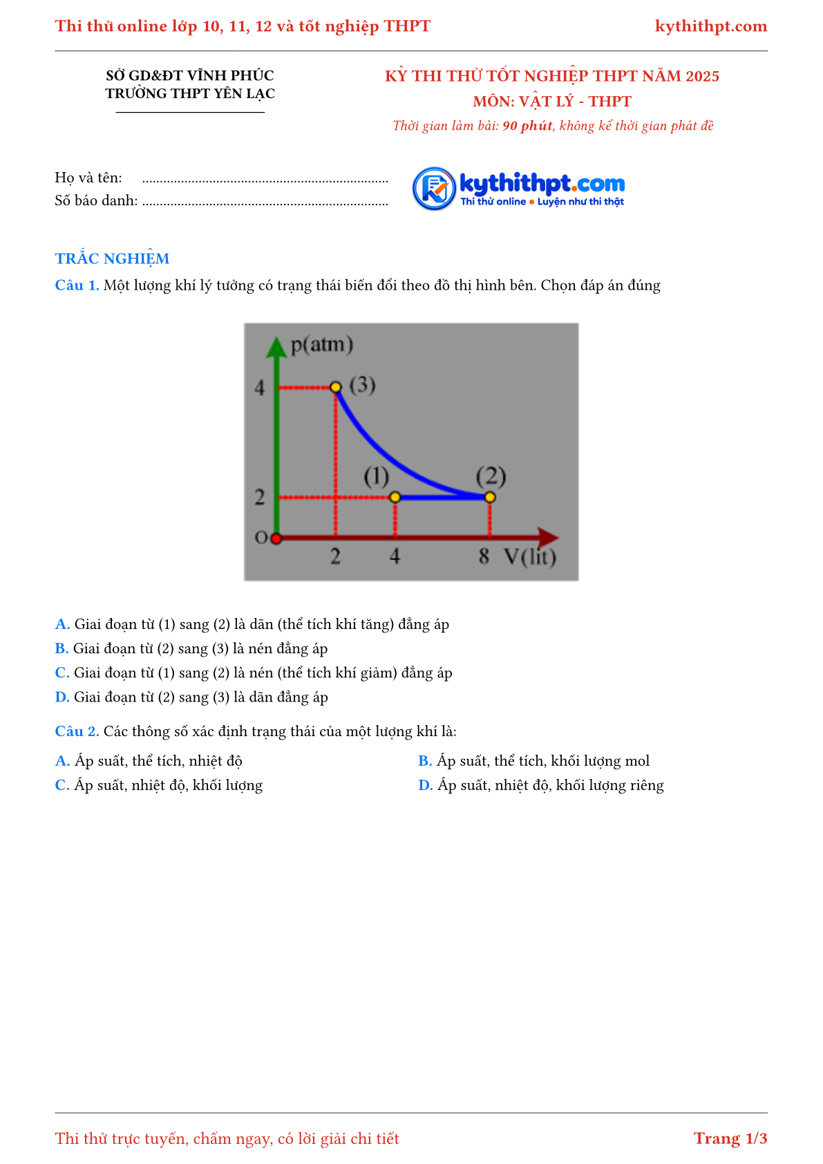 Trang đầu Đề thi thử TN THPT Vật Lý trường THPT Yên Lạc tỉnh Vĩnh Phúc 2025