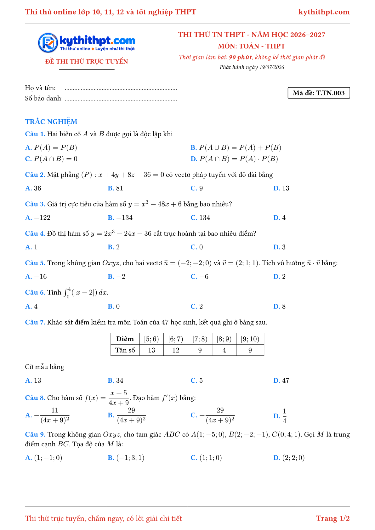 Trang đầu Đề thi thử online tốt nghiệp THPT môn Toán - đề ôn 7+ · chuẩn cấu trúc tốt nghiệp - đề 003