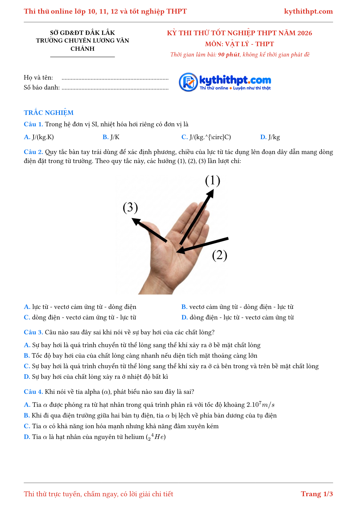 Trang đầu Đề thi thử tốt nghiệp THPT môn Vật Lý Trường Chuyên Lương Văn Chánh GD&ĐT Đắk Lắk lần 1 năm 2026