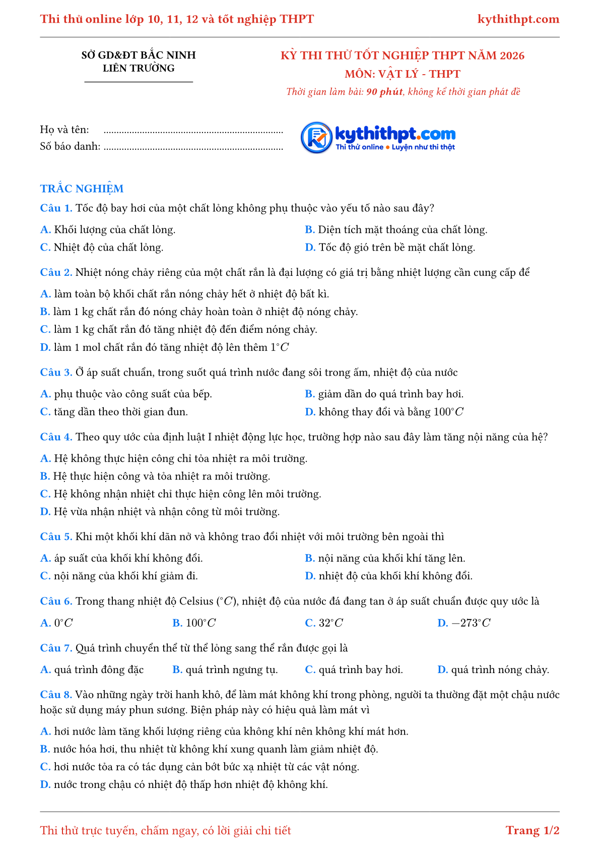 Trang đầu Đề thi thử tốt nghiệp THPT môn Vật Lý liên Trường GD&ĐT Bắc Ninh lần 1 năm 2026