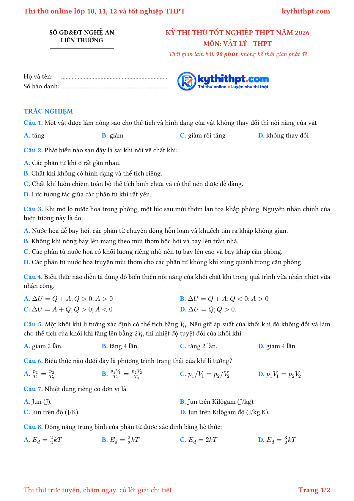 Trang đầu Đề thi thử tốt nghiệp THPT môn Vật Lý liên Trường Sở GD&ĐT Nghệ An lần 2 năm 2026