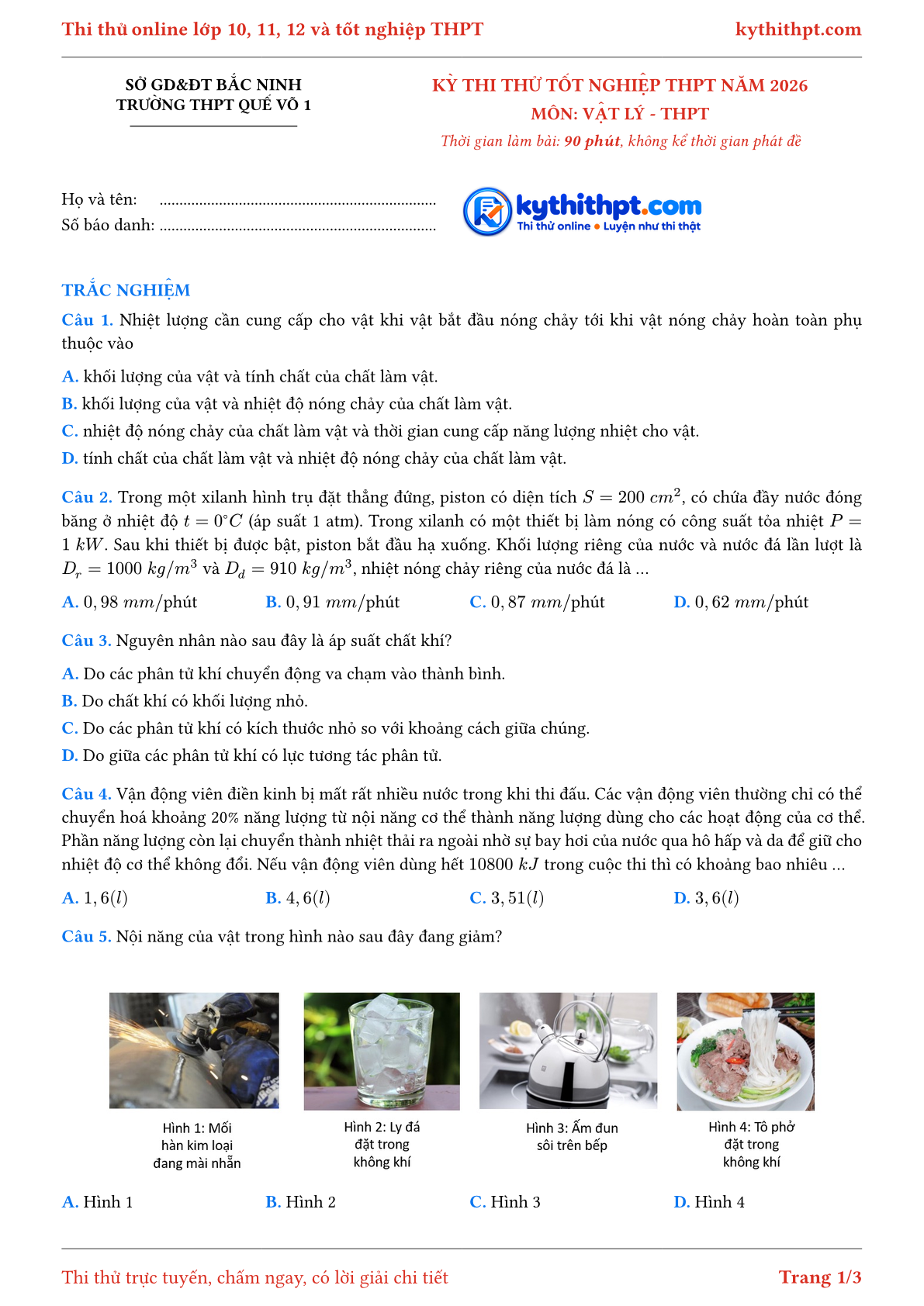 Trang đầu Đề thi thử tốt nghiệp THPT môn Vật Lý Trường THPT Quế Võ 1 Sở GD&ĐT Bắc Ninh lần 1 năm 2026