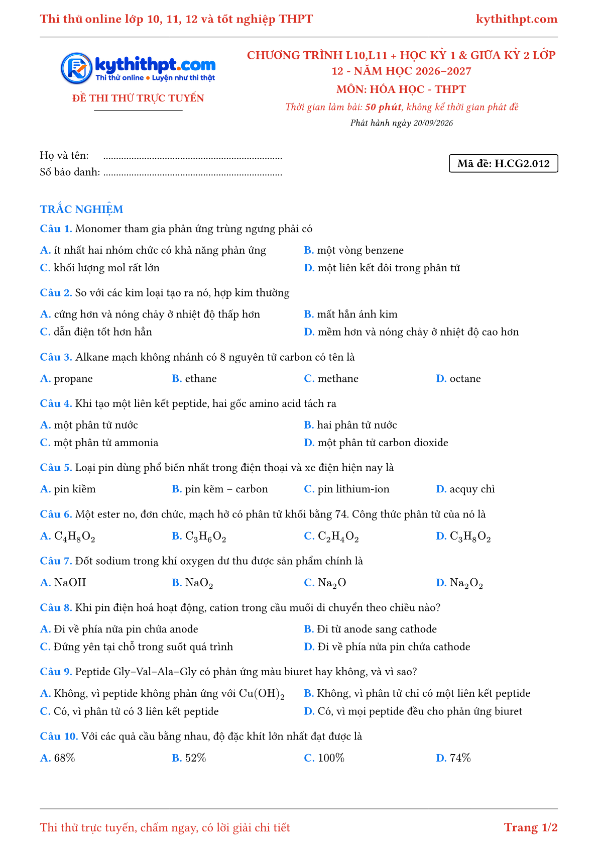 Trang đầu Đề thi thử online môn Hóa học theo chương trình lớp 10, 11 và học kỳ 1, giữa kỳ 2 lớp 12 - chuẩn cấu trúc tốt nghiệp - đề 012