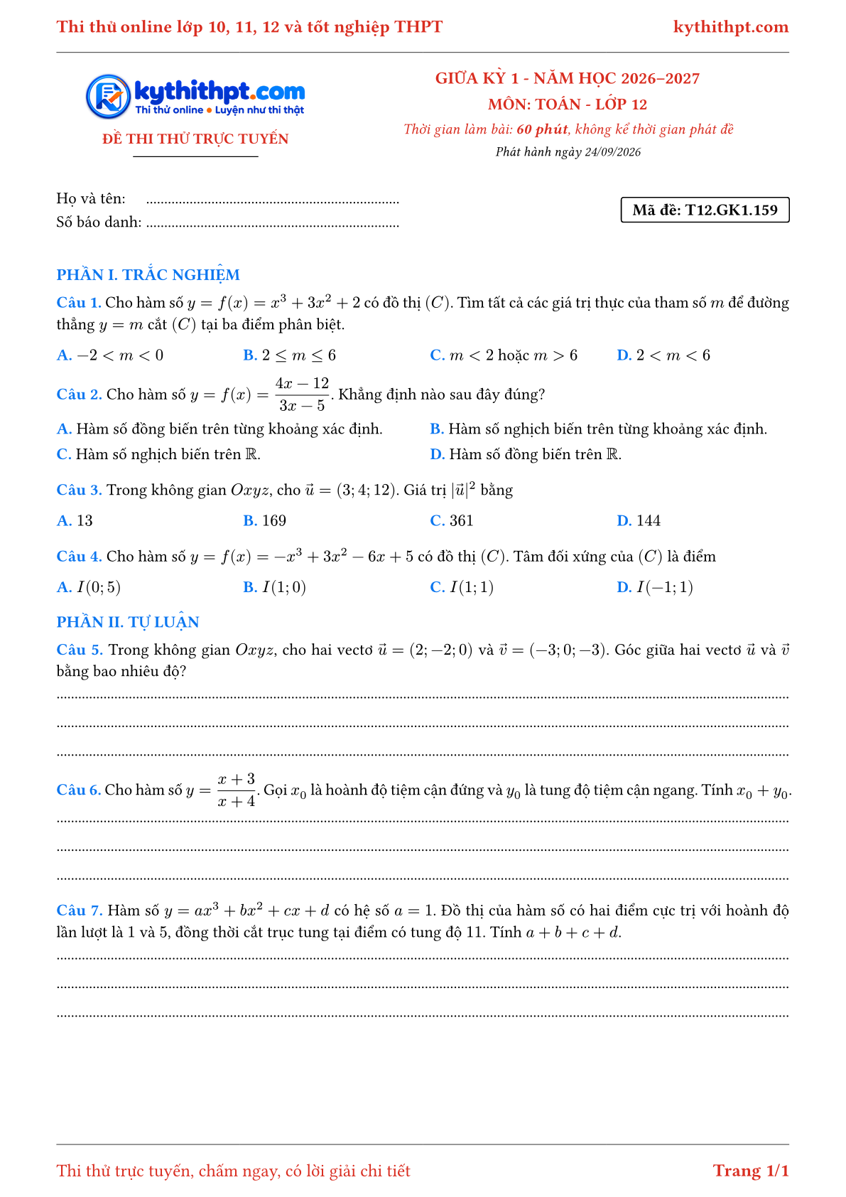 Trang đầu Đề thi thử online giữa kỳ 1 môn Toán lớp 12 - trắc nghiệm + tự luận nâng cao - đề 159