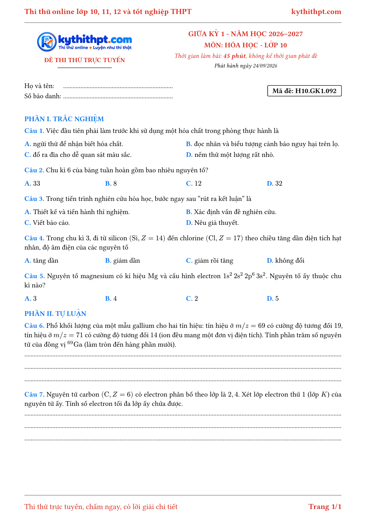 Trang đầu Đề thi thử online giữa kỳ 1 môn Hóa học lớp 10 - trắc nghiệm + tự luận - đề 092