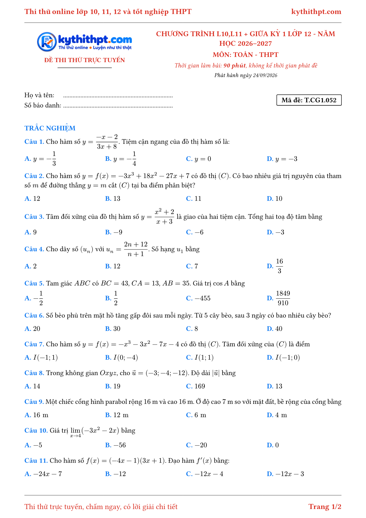 Trang đầu Đề thi thử online môn Toán theo chương trình lớp 10, 11 và giữa kỳ 1 lớp 12 - ôn luyện trắc nghiệm - đề 052