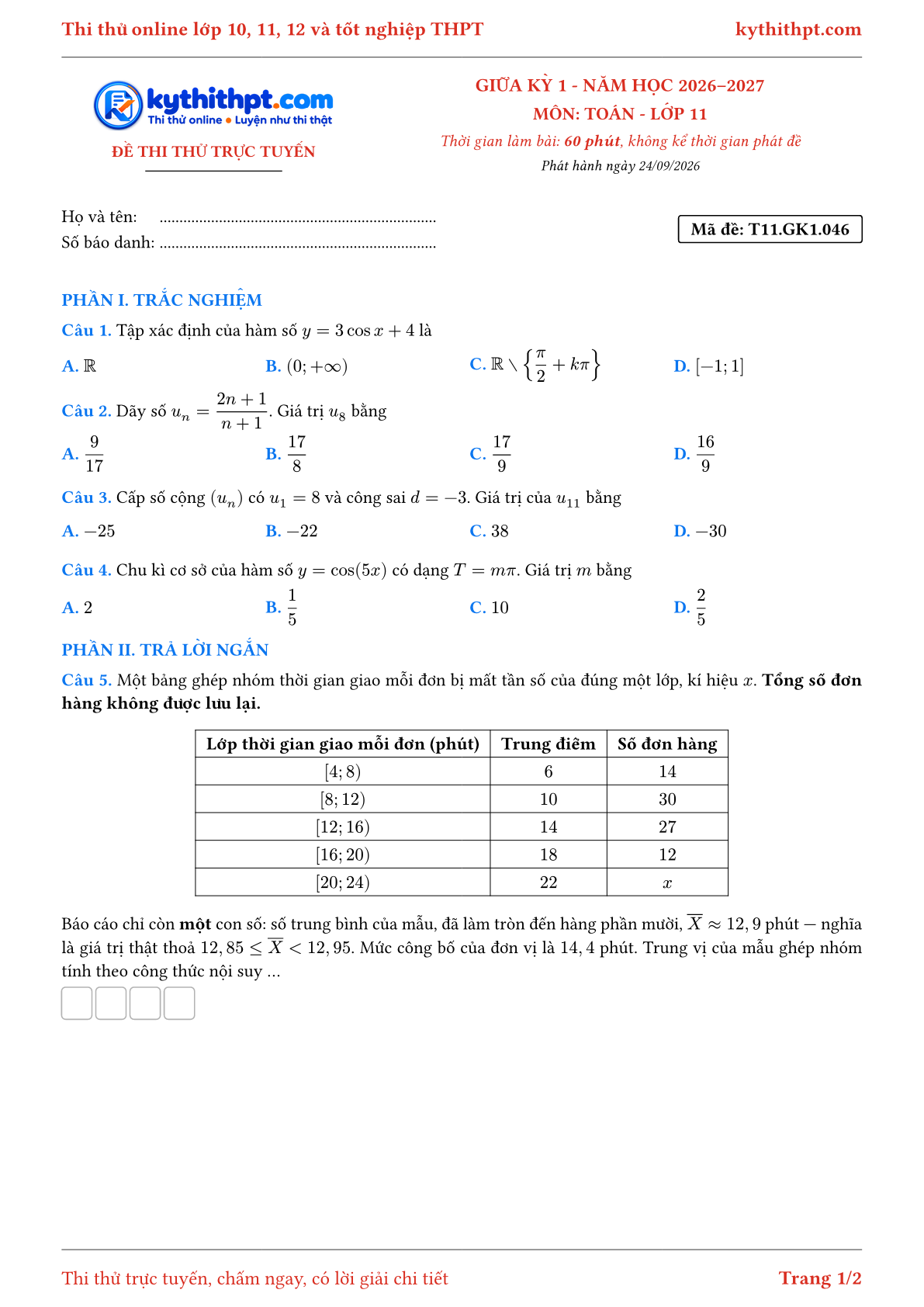 Trang đầu Đề thi thử online giữa kỳ 1 môn Toán lớp 11 - trắc nghiệm + trả lời ngắn + tự luận - đề 046