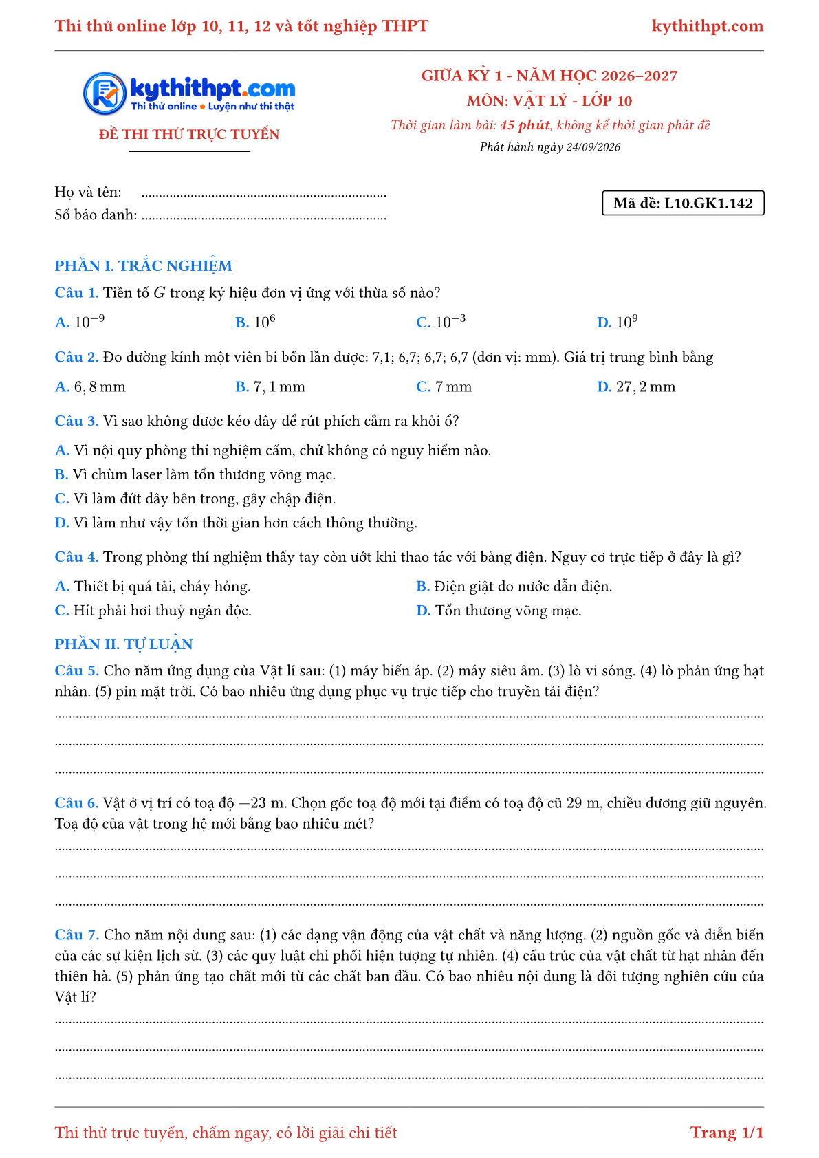 Trang đầu Đề thi thử online giữa kỳ 1 môn Vật lý lớp 10 - trắc nghiệm + tự luận nâng cao - đề 142
