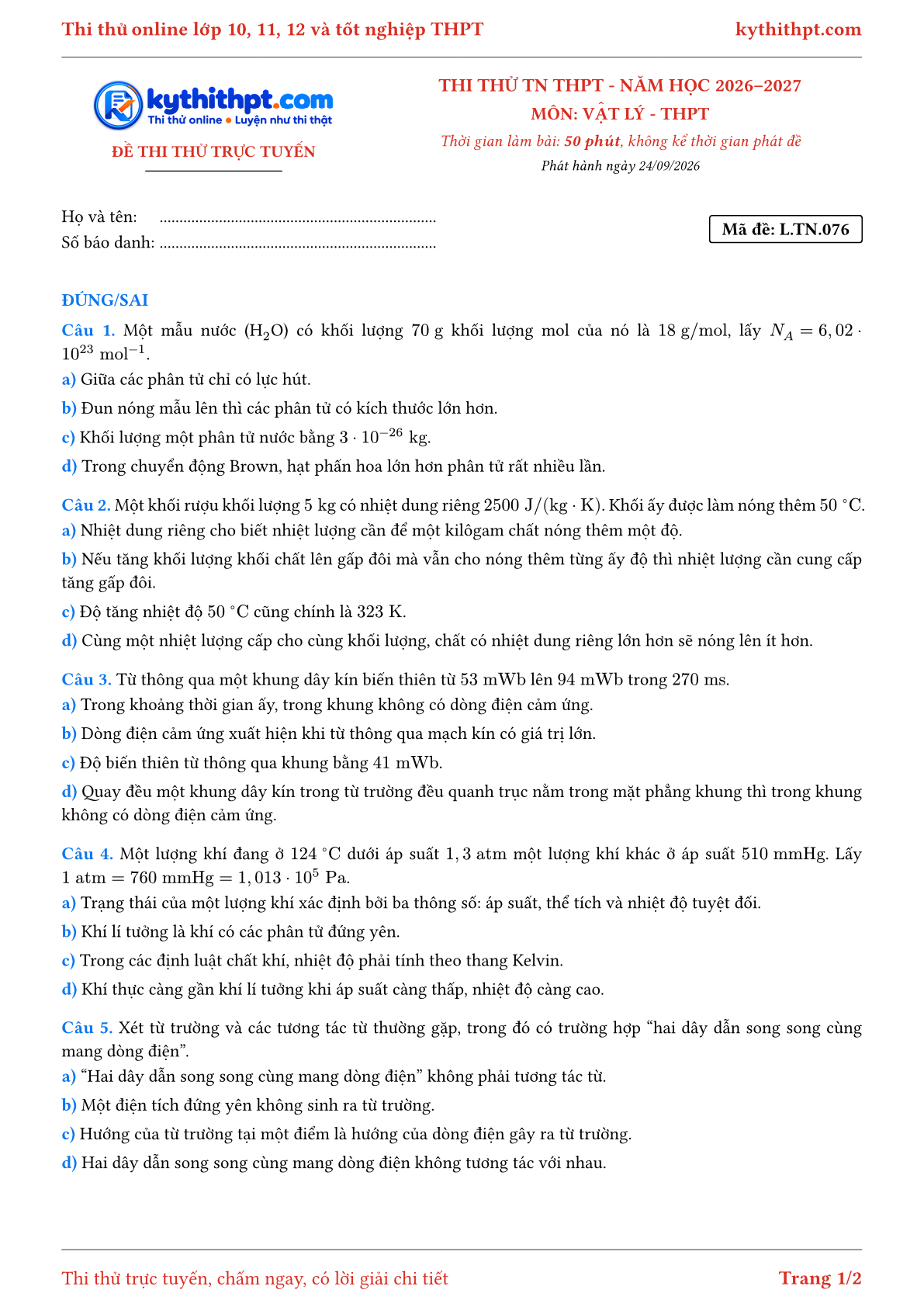 Trang đầu Đề thi thử online tốt nghiệp THPT môn Vật lý - ôn luyện đúng/sai - đề 076