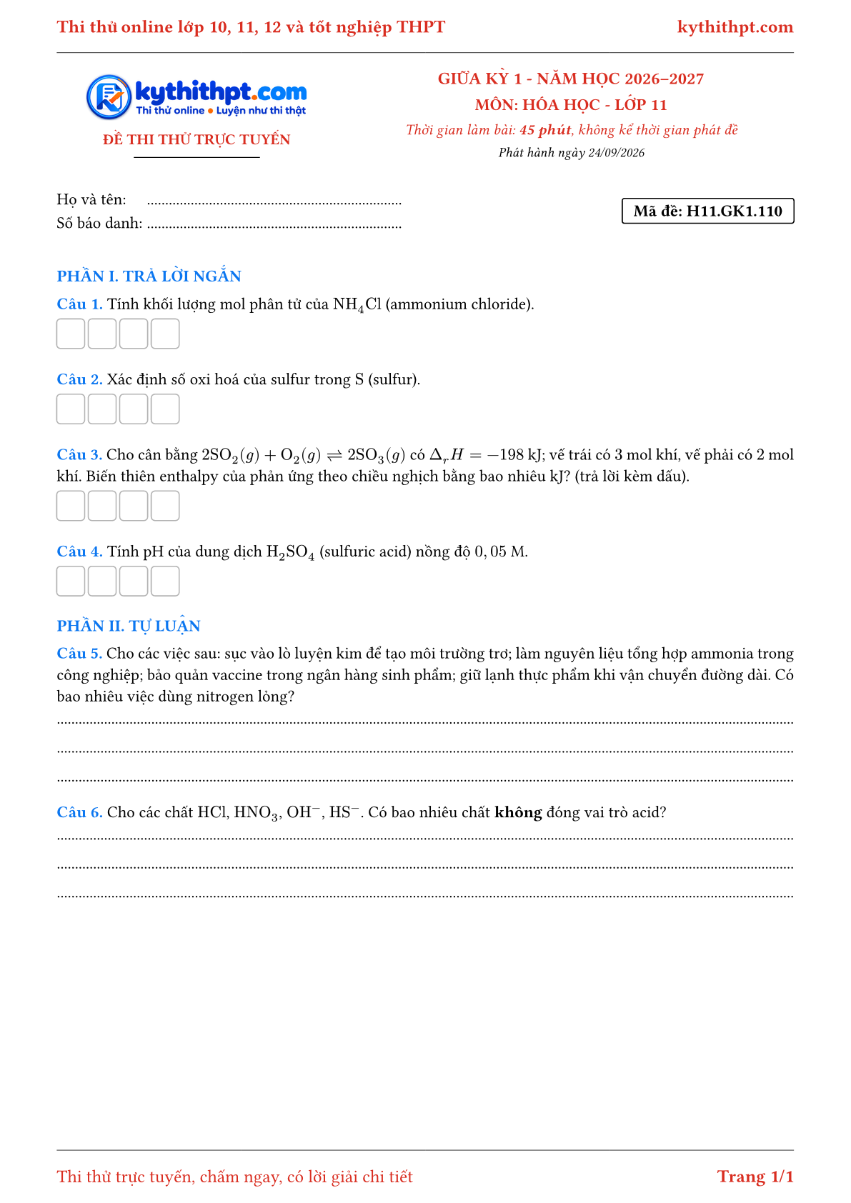 Trang đầu Đề thi thử online giữa kỳ 1 môn Hóa học lớp 11 - trả lời ngắn + tự luận - đề 110