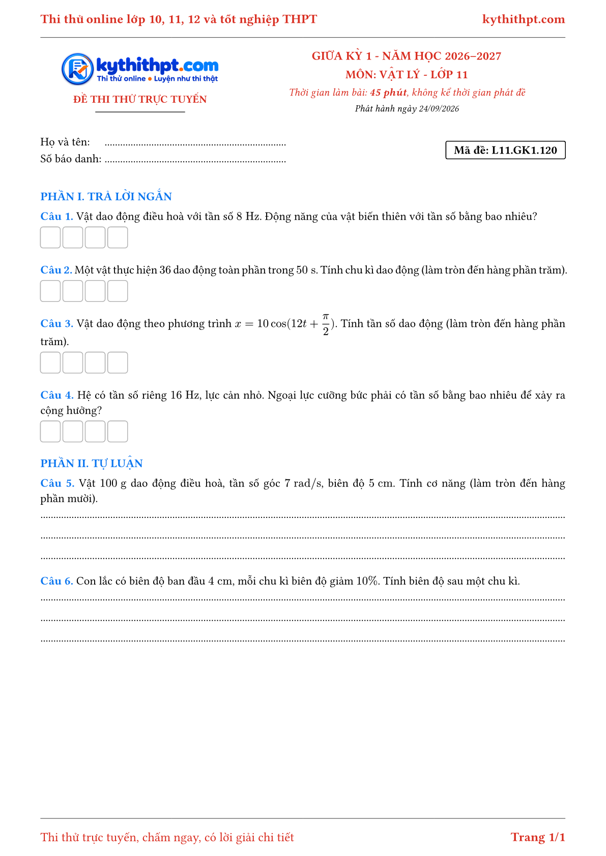 Trang đầu Đề thi thử online giữa kỳ 1 môn Vật lý lớp 11 - trả lời ngắn + tự luận - đề 120