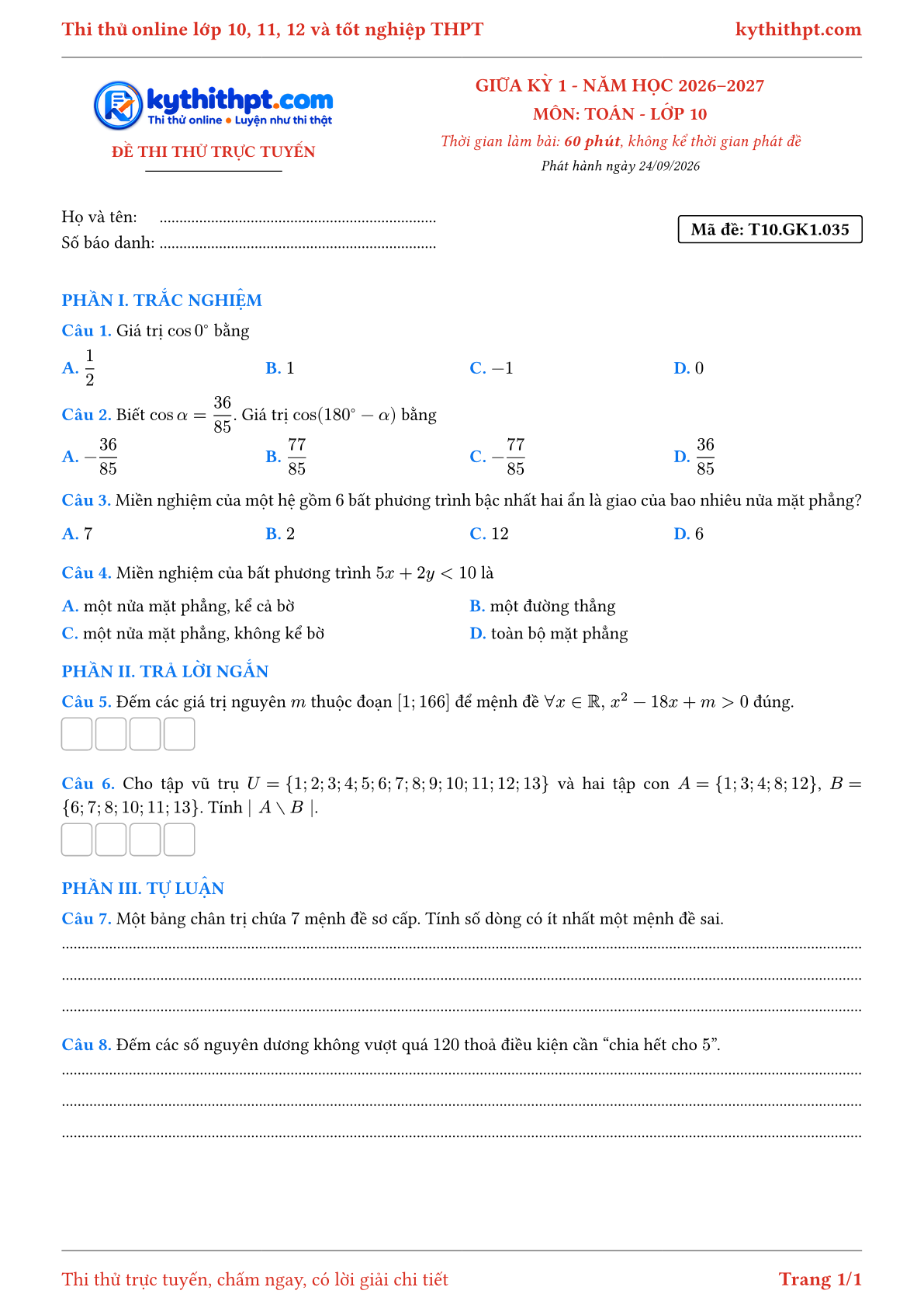Trang đầu Đề thi thử online giữa kỳ 1 môn Toán lớp 10 - trắc nghiệm + trả lời ngắn + tự luận - đề 035