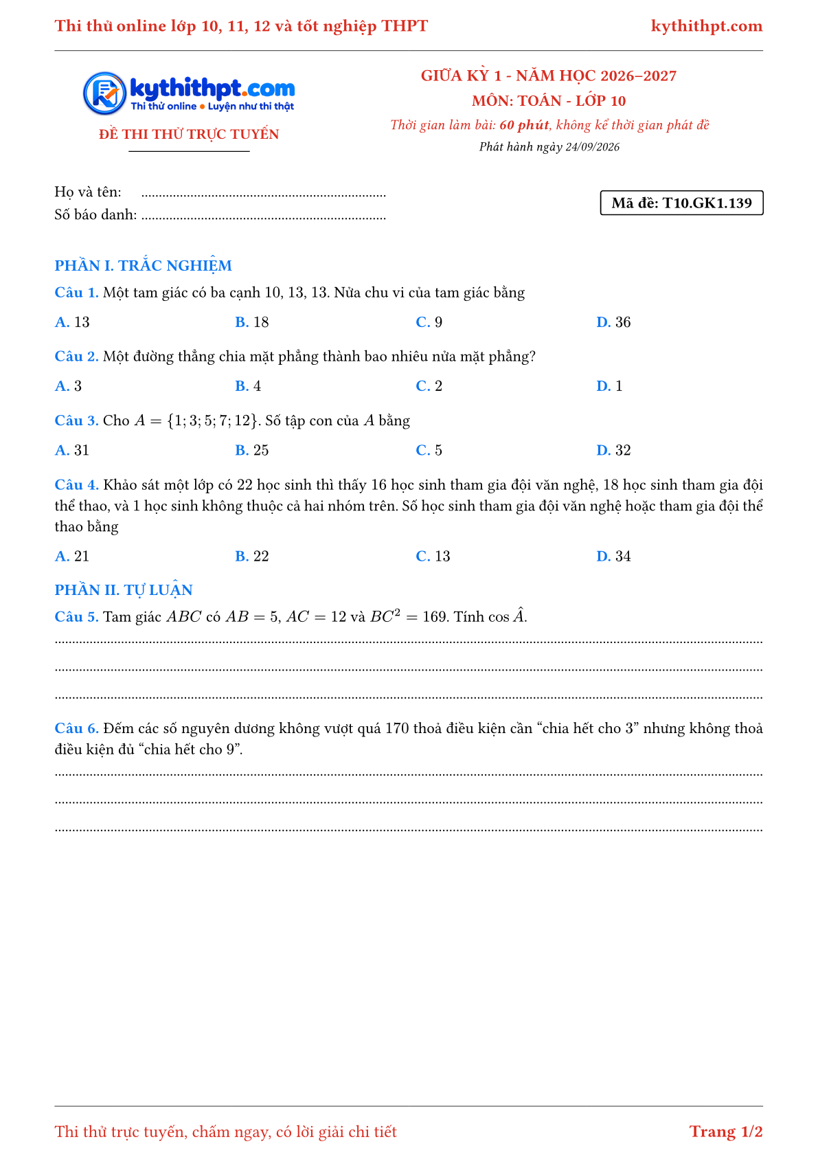 Trang đầu Đề thi thử online giữa kỳ 1 môn Toán lớp 10 - trắc nghiệm + tự luận nâng cao - đề 139