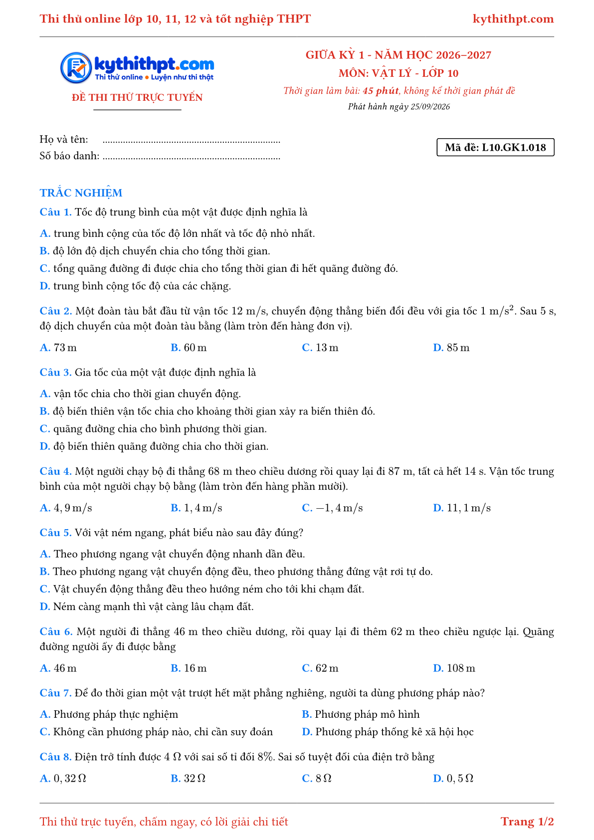 Trang đầu Đề thi thử online giữa kỳ 1 môn Vật lý lớp 10 - full trắc nghiệm - đề 018