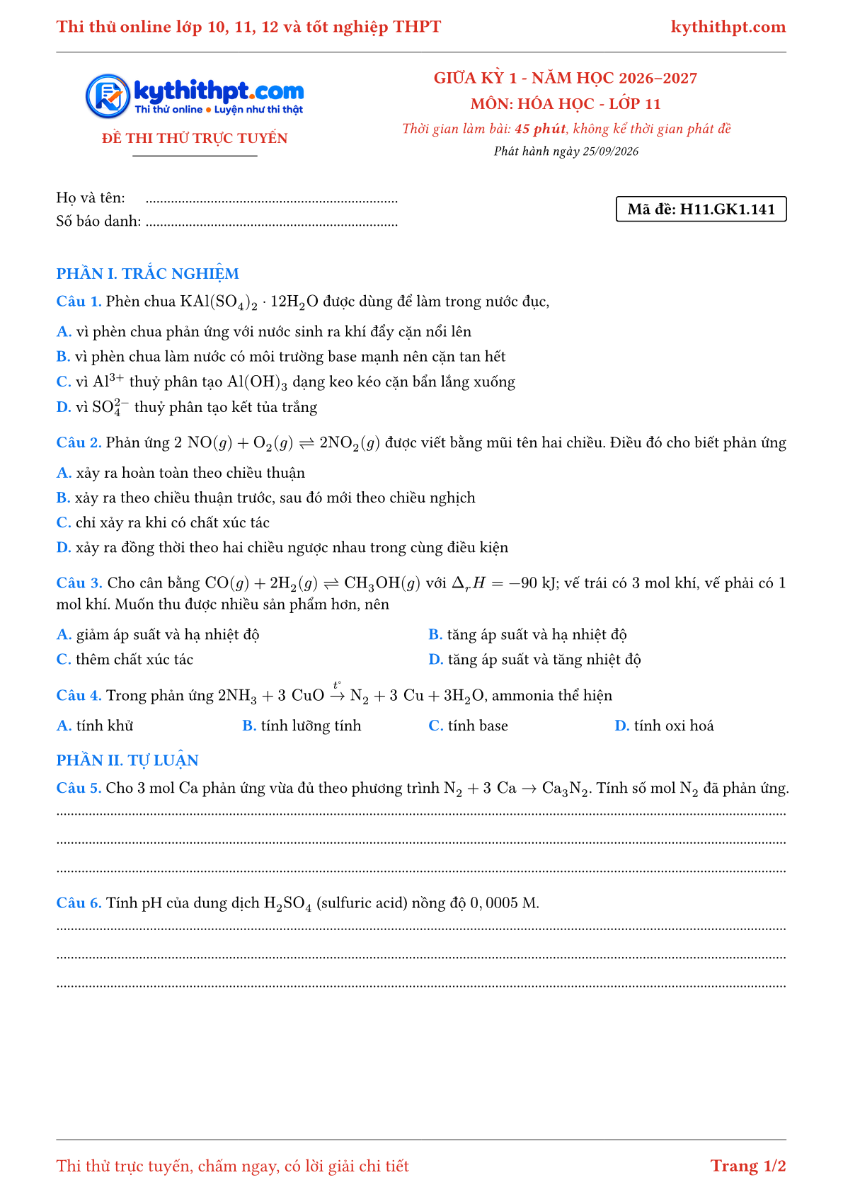 Trang đầu Đề thi thử online giữa kỳ 1 môn Hóa học lớp 11 - trắc nghiệm + tự luận nâng cao - đề 141