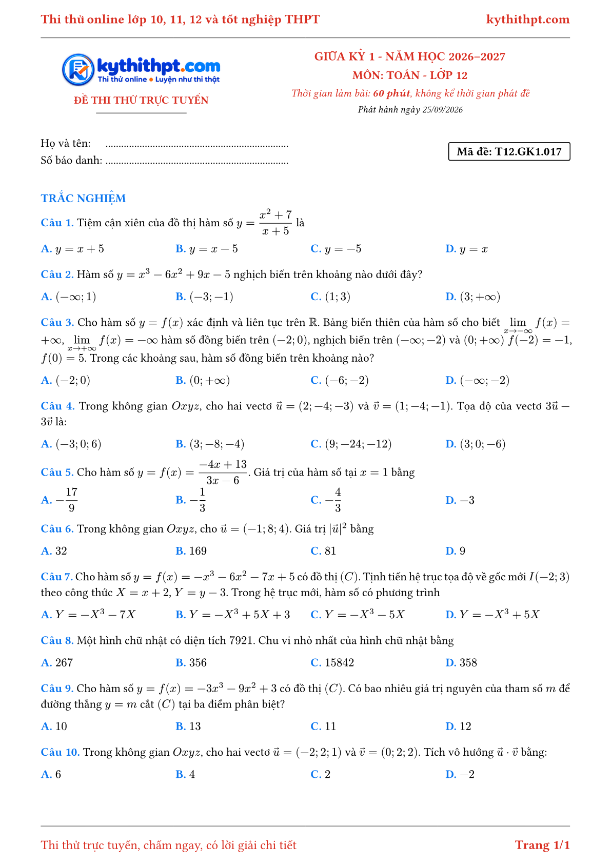 Trang đầu Đề thi thử online giữa kỳ 1 môn Toán lớp 12 - full trắc nghiệm - đề 017