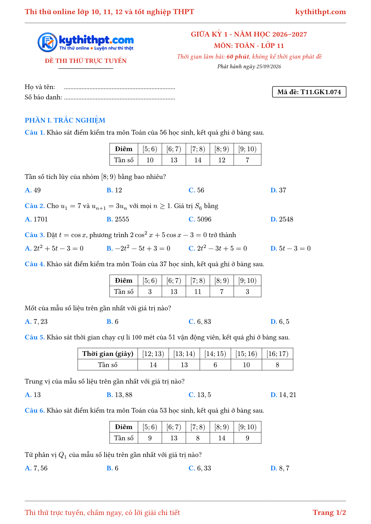 Trang đầu Đề thi thử online giữa kỳ 1 môn Toán lớp 11 - trắc nghiệm + trả lời ngắn - đề 076