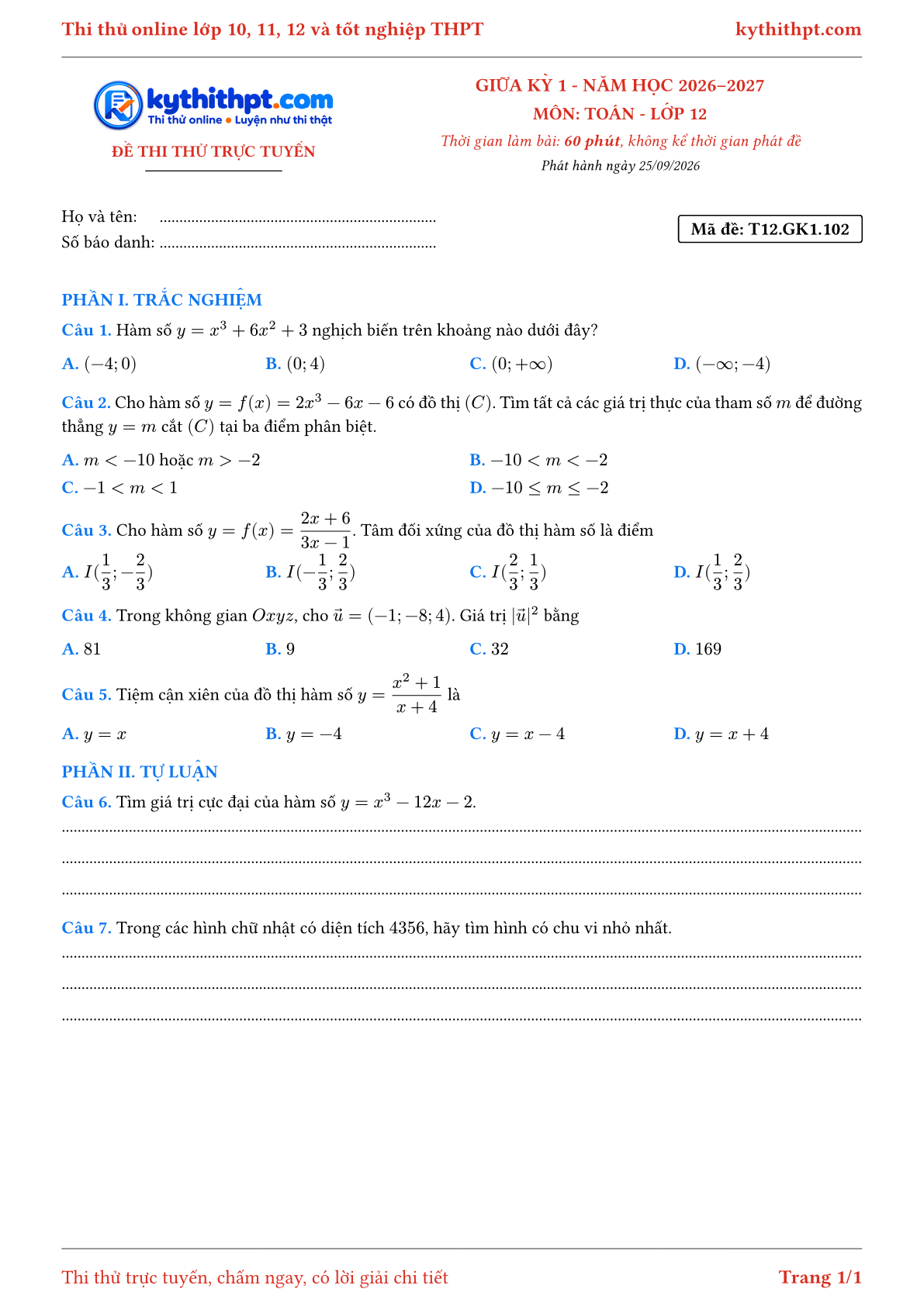 Trang đầu Đề thi thử online giữa kỳ 1 môn Toán lớp 12 - trắc nghiệm + tự luận - đề 102