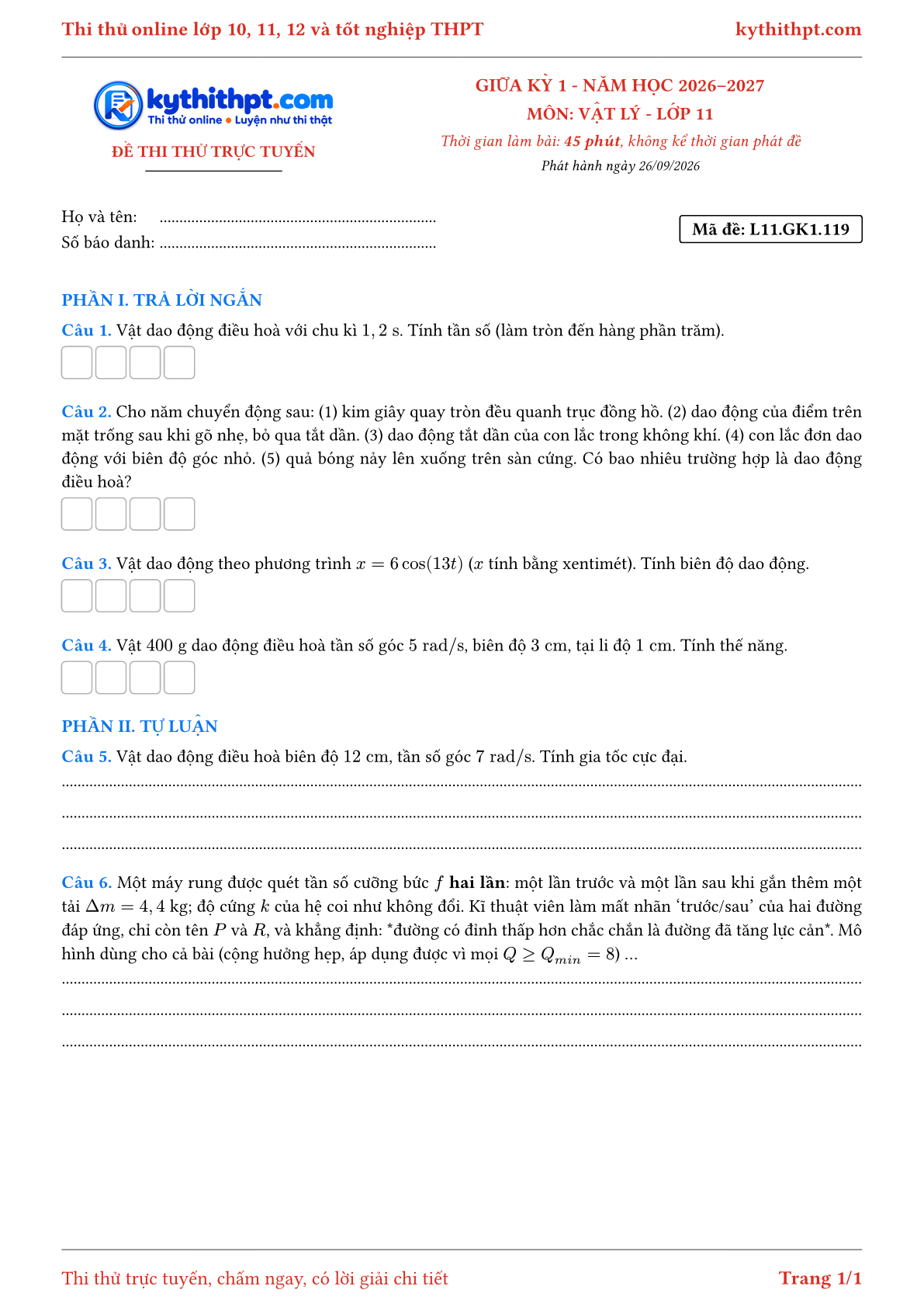 Trang đầu Đề thi thử online giữa kỳ 1 môn Vật lý lớp 11 - trả lời ngắn + tự luận - đề 121