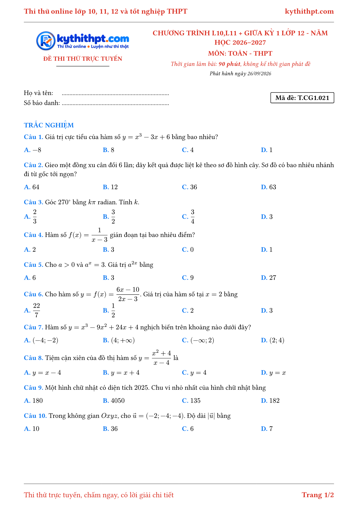 Trang đầu Đề thi thử online môn Toán theo chương trình lớp 10, 11 và giữa kỳ 1 lớp 12 - chuẩn cấu trúc tốt nghiệp - đề 021