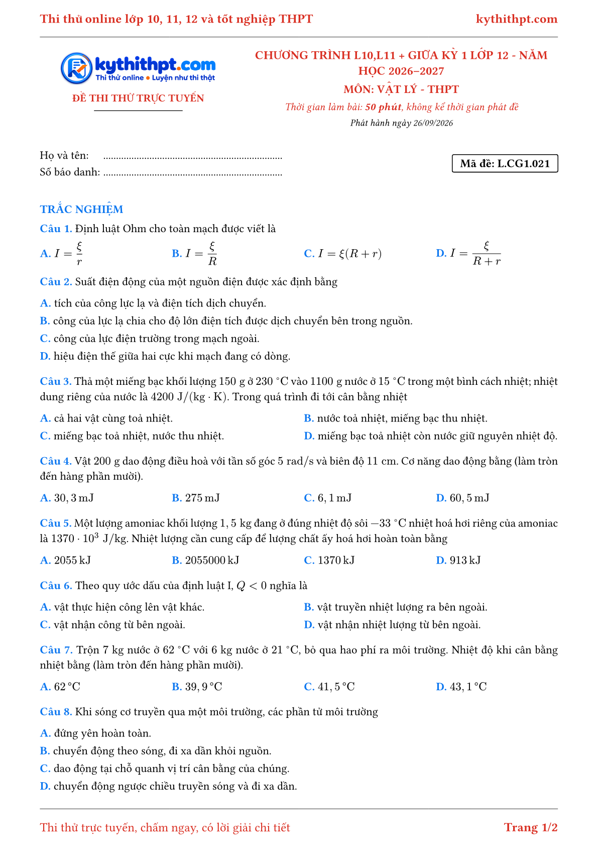 Trang đầu Đề thi thử online môn Vật lý theo chương trình lớp 10, 11 và giữa kỳ 1 lớp 12 - chuẩn cấu trúc tốt nghiệp - đề 021
