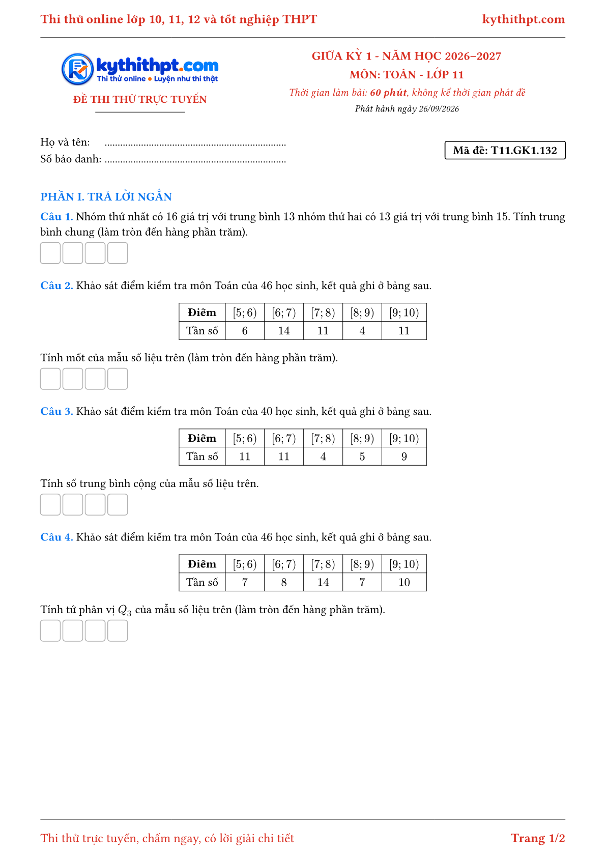 Trang đầu Đề thi thử online giữa kỳ 1 môn Toán lớp 11 - trả lời ngắn + tự luận - đề 135