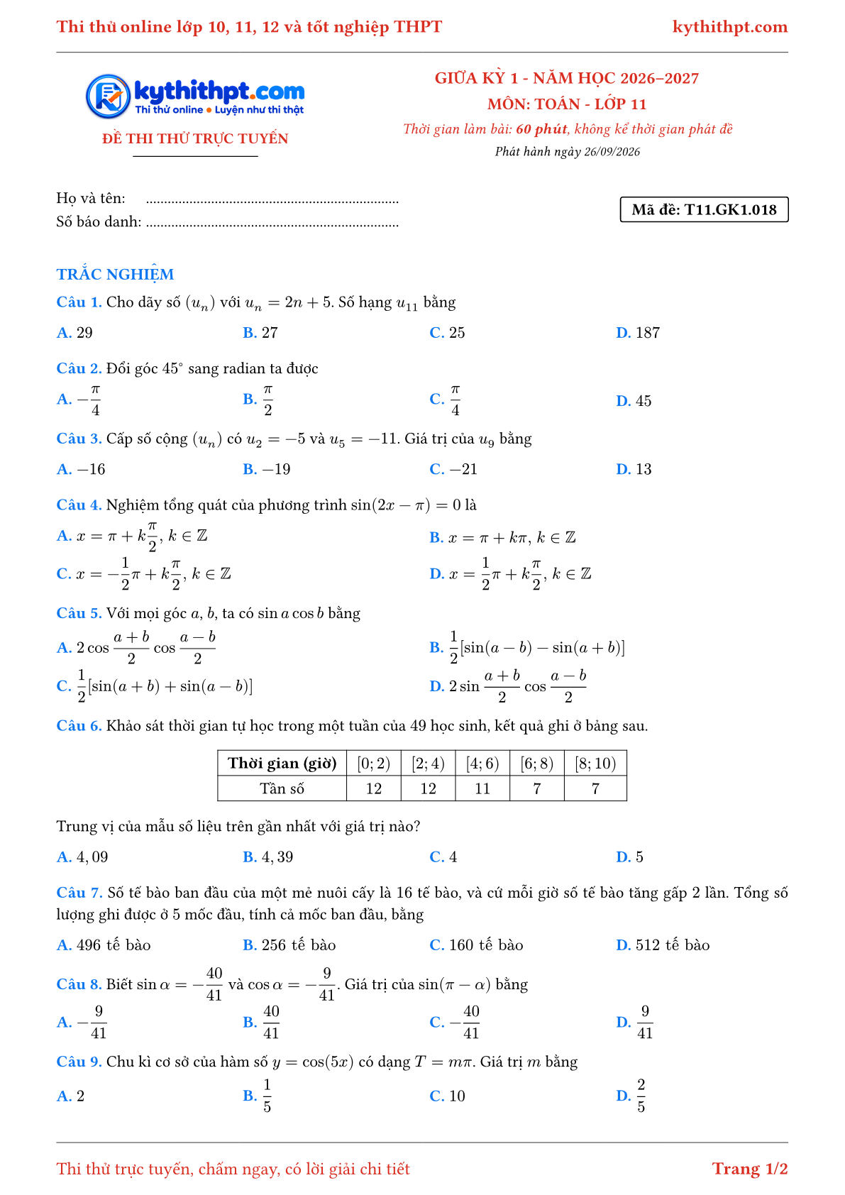 Trang đầu Đề thi thử online giữa kỳ 1 môn Toán lớp 11 - full trắc nghiệm - đề 018
